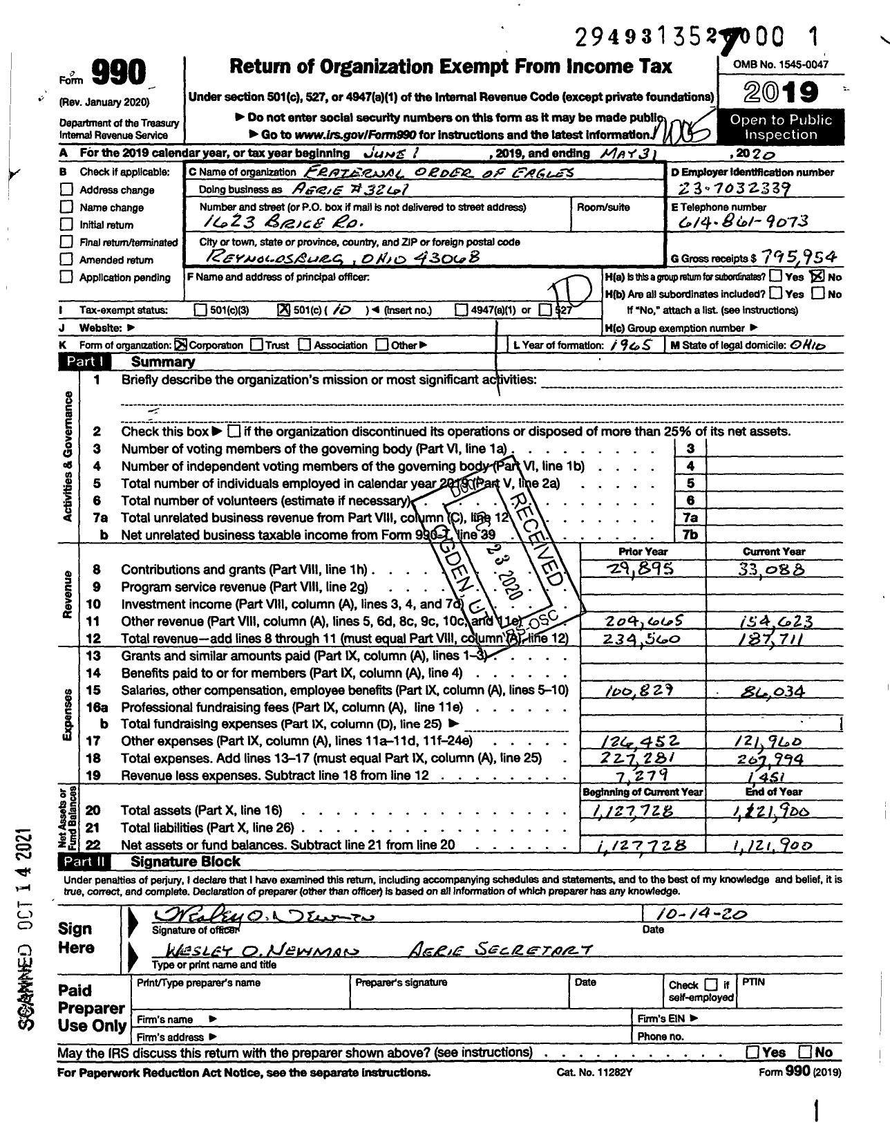 Image of first page of 2019 Form 990O for Fraternal Order of Eagles