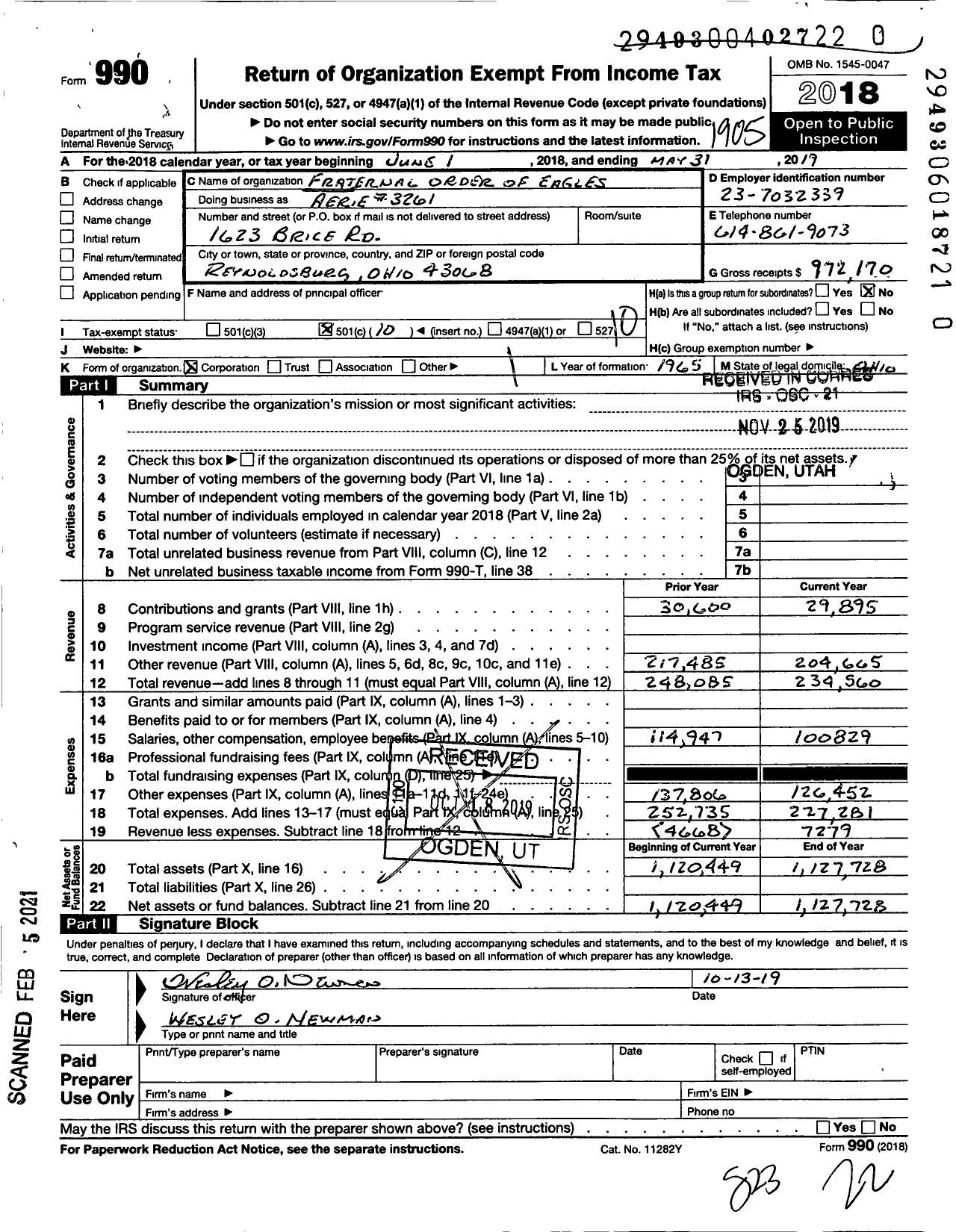 Image of first page of 2018 Form 990O for Fraternal Order of Eagles