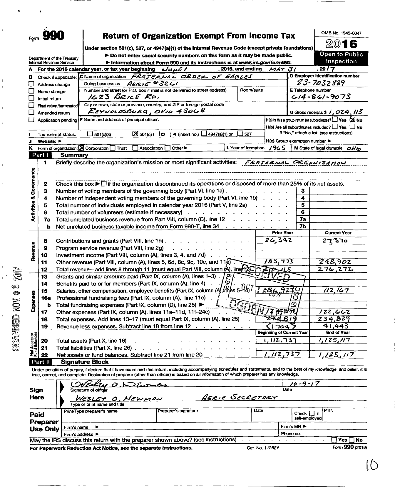 Image of first page of 2016 Form 990O for Fraternal Order of Eagles