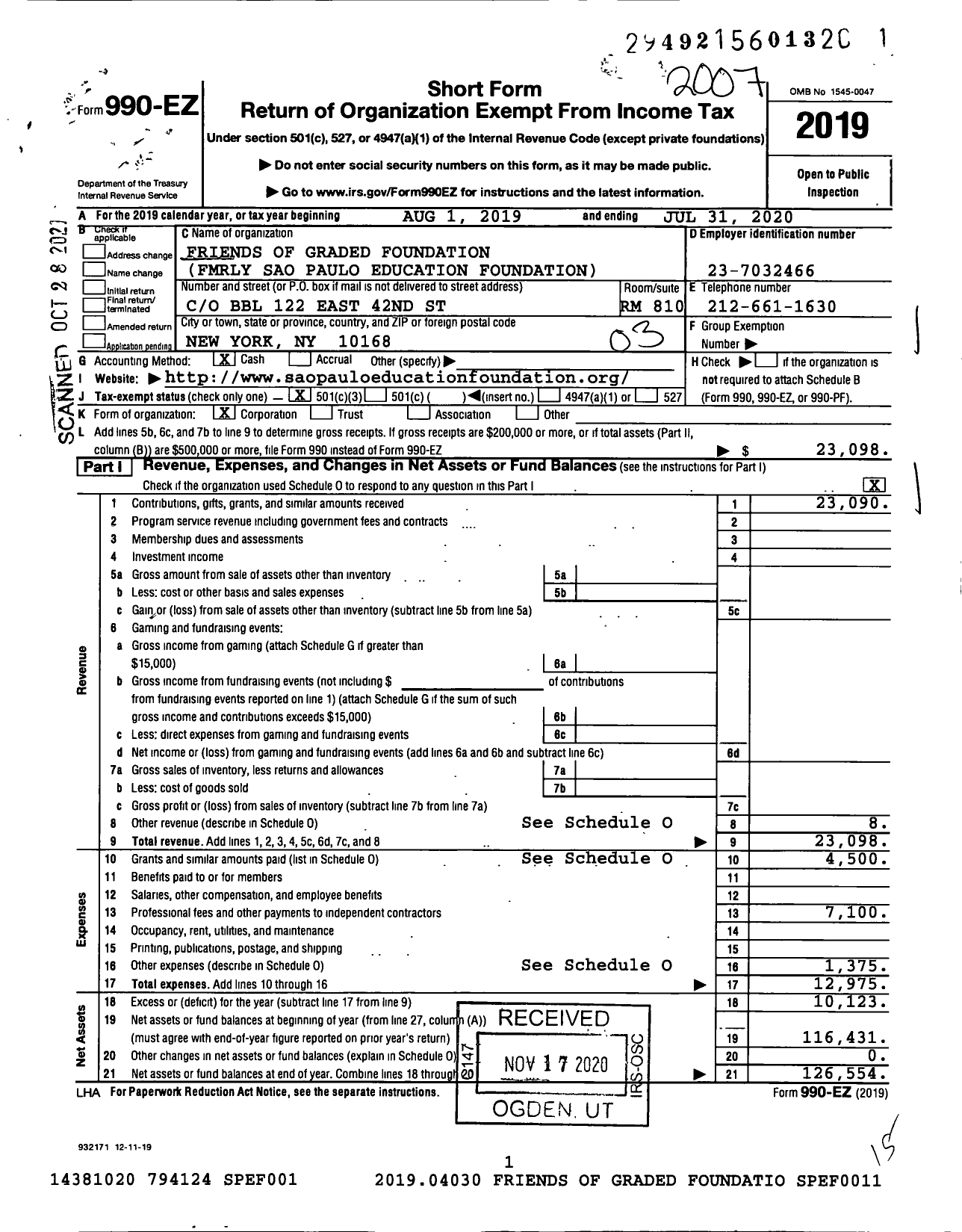 Image of first page of 2019 Form 990EZ for Friends of Graded Foundation