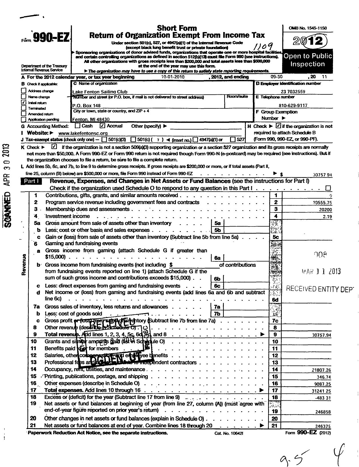 Image of first page of 2010 Form 990EO for Lake Fenton Sailing Club