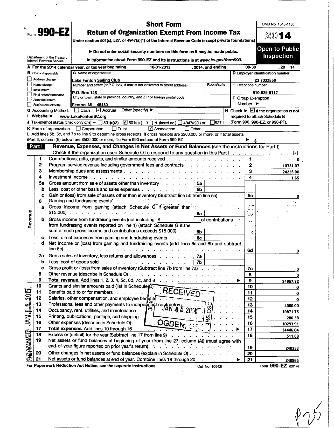 Image of first page of 2013 Form 990EO for Lake Fenton Sailing Club