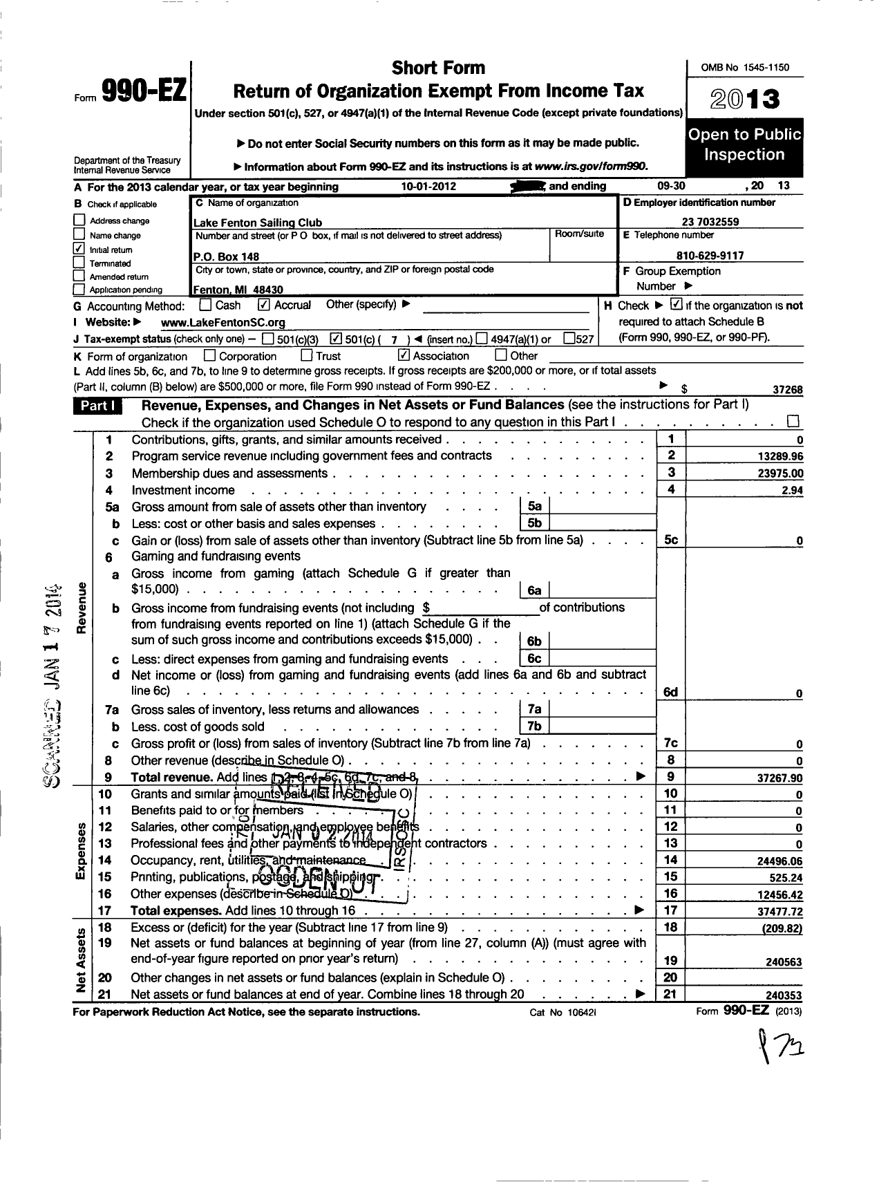 Image of first page of 2012 Form 990EO for Lake Fenton Sailing Club