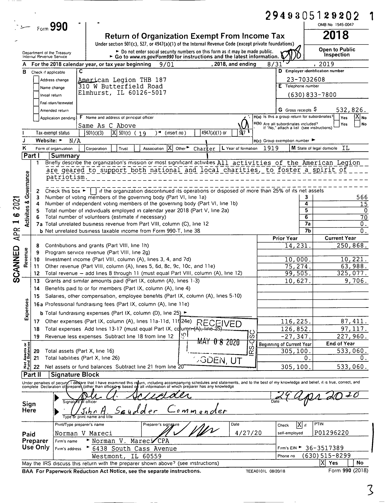 Image of first page of 2018 Form 990O for American Legion - 187 T H B