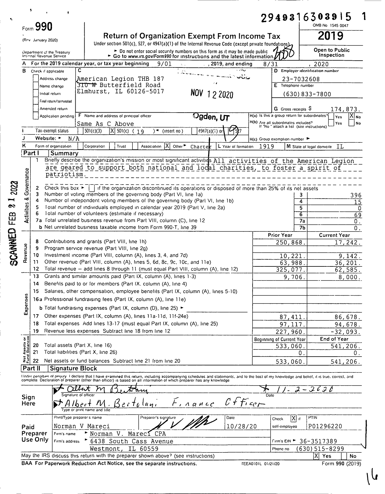 Image of first page of 2019 Form 990O for American Legion - 187 T H B