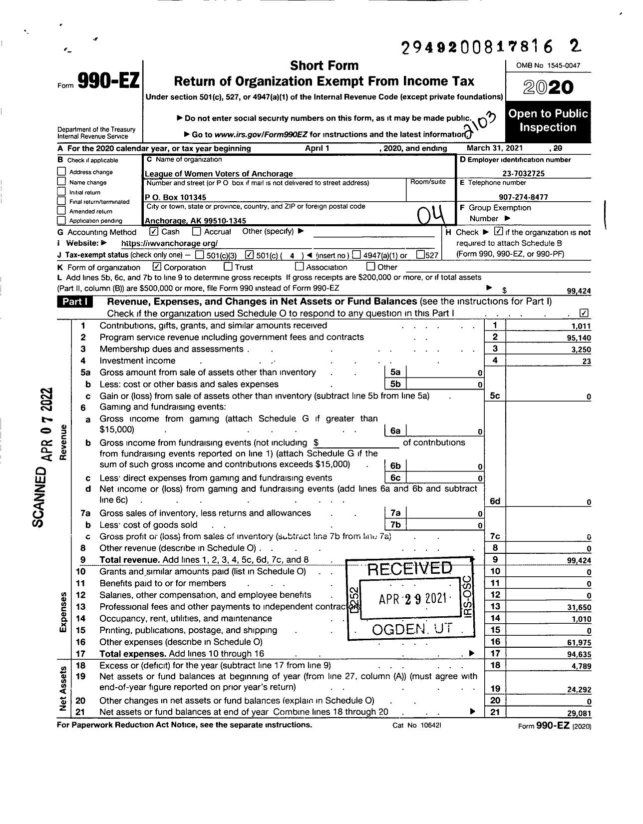 Image of first page of 2020 Form 990EO for League of Women Voters of Anchorage