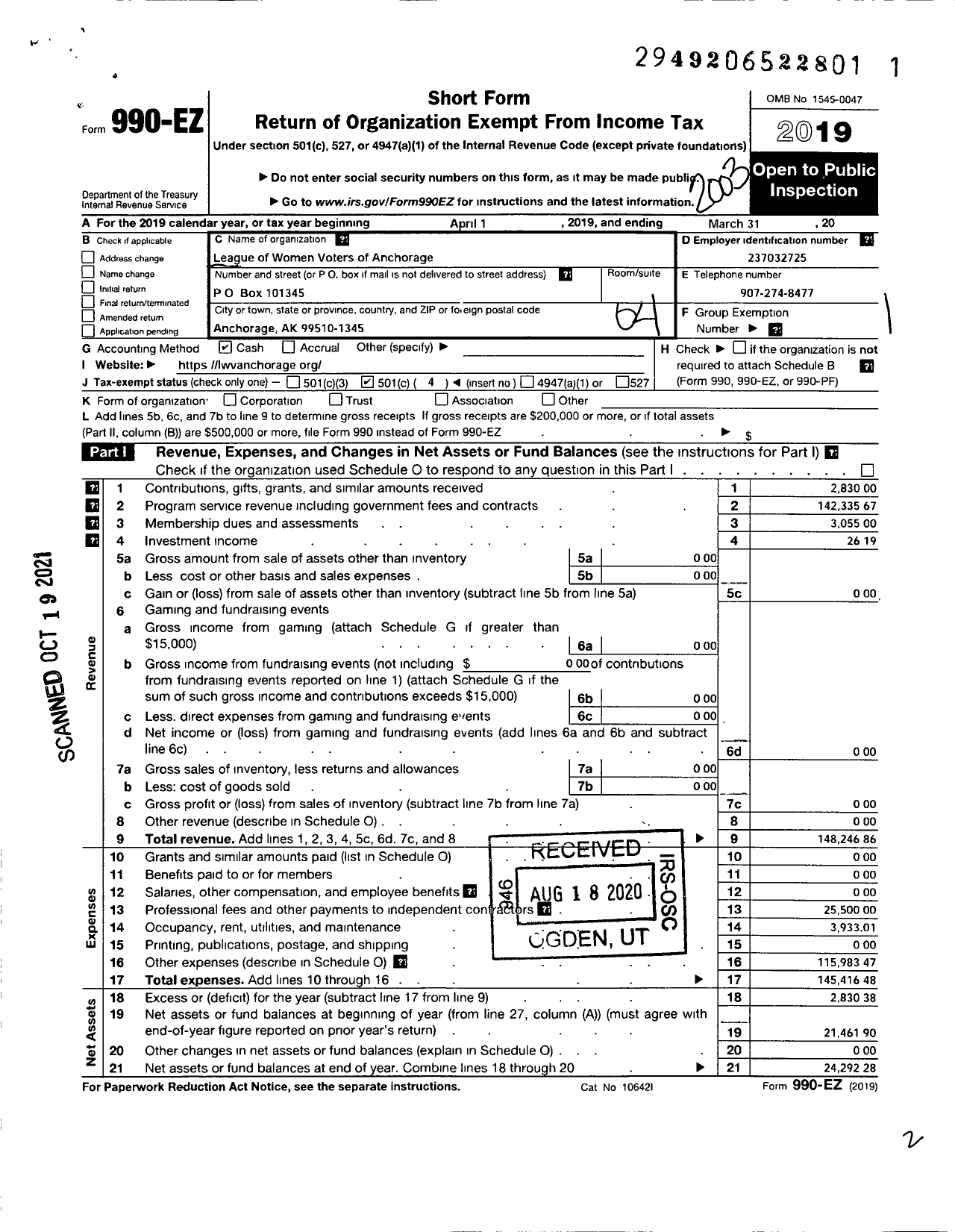 Image of first page of 2019 Form 990EO for League of Women Voters of Anchorage