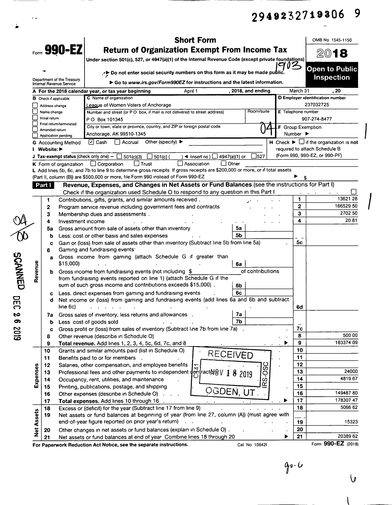 Image of first page of 2018 Form 990EO for League of Women Voters of Anchorage