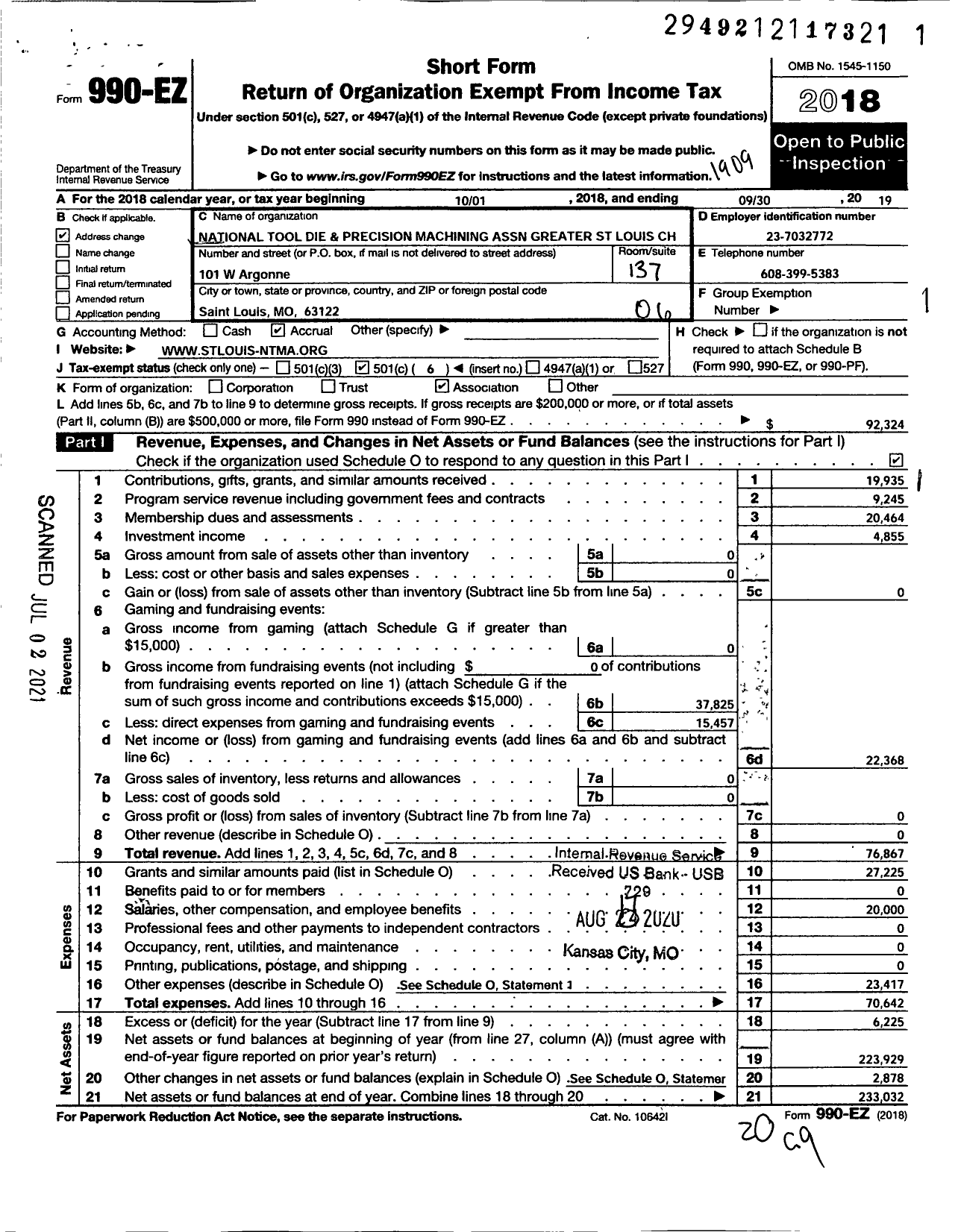 Image of first page of 2018 Form 990EO for National Tool Die and Precision Machining Association Greater St Louis Chapter