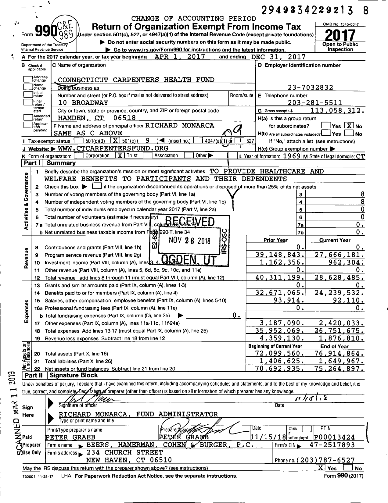 Image of first page of 2017 Form 990O for Connecticut Carpenters Health Fund