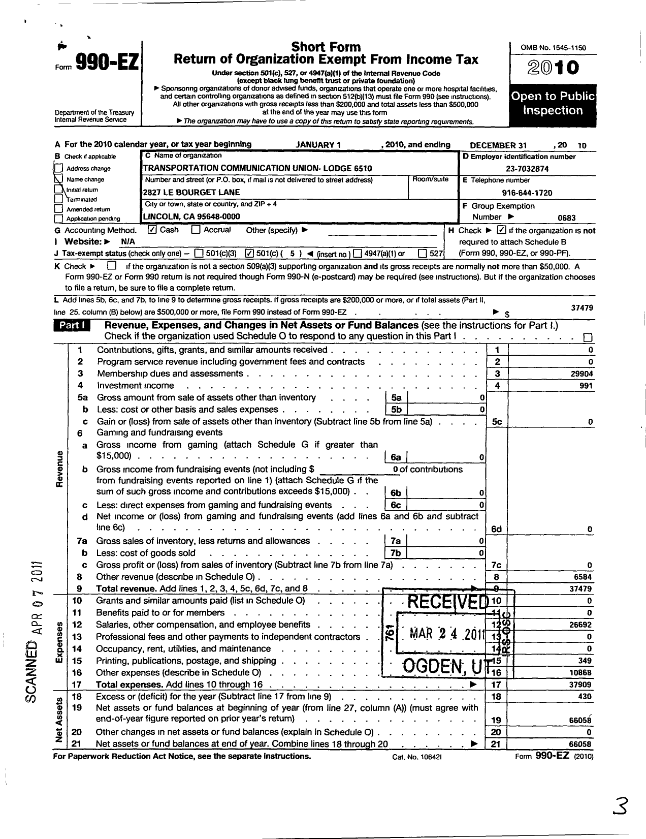 Image of first page of 2010 Form 990EO for Transportation-Communications Union / T6510 Lodge