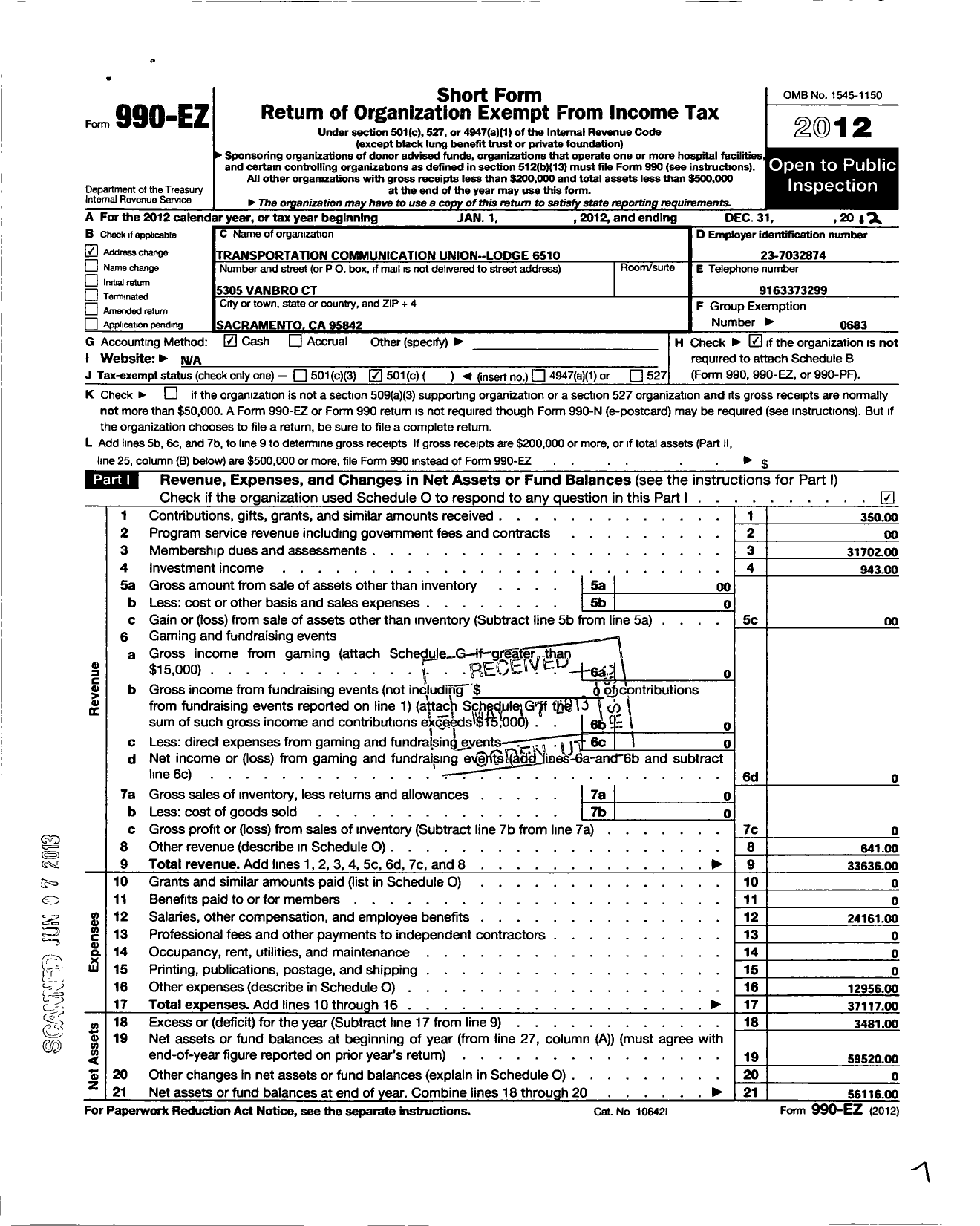 Image of first page of 2012 Form 990EO for Transportation-Communications Union / T6510 Lodge