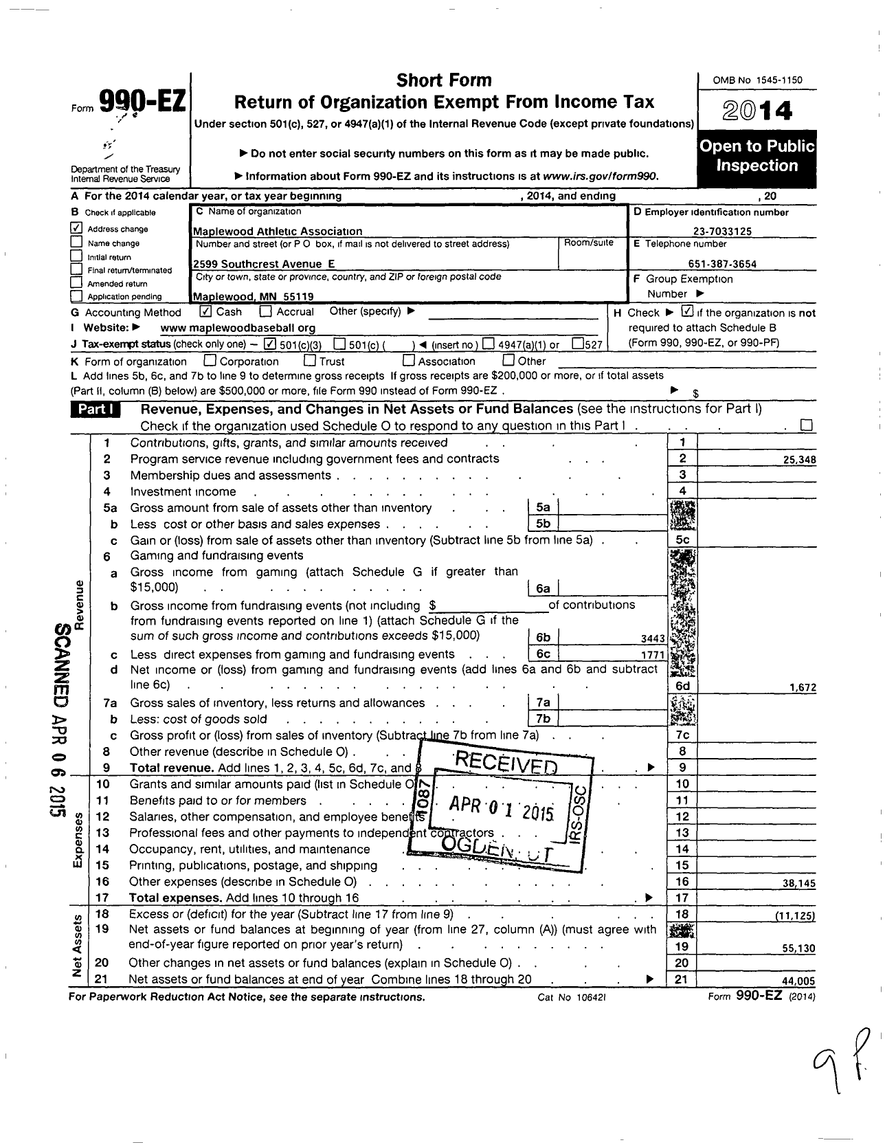 Image of first page of 2014 Form 990EZ for Maplewood Athletic Association