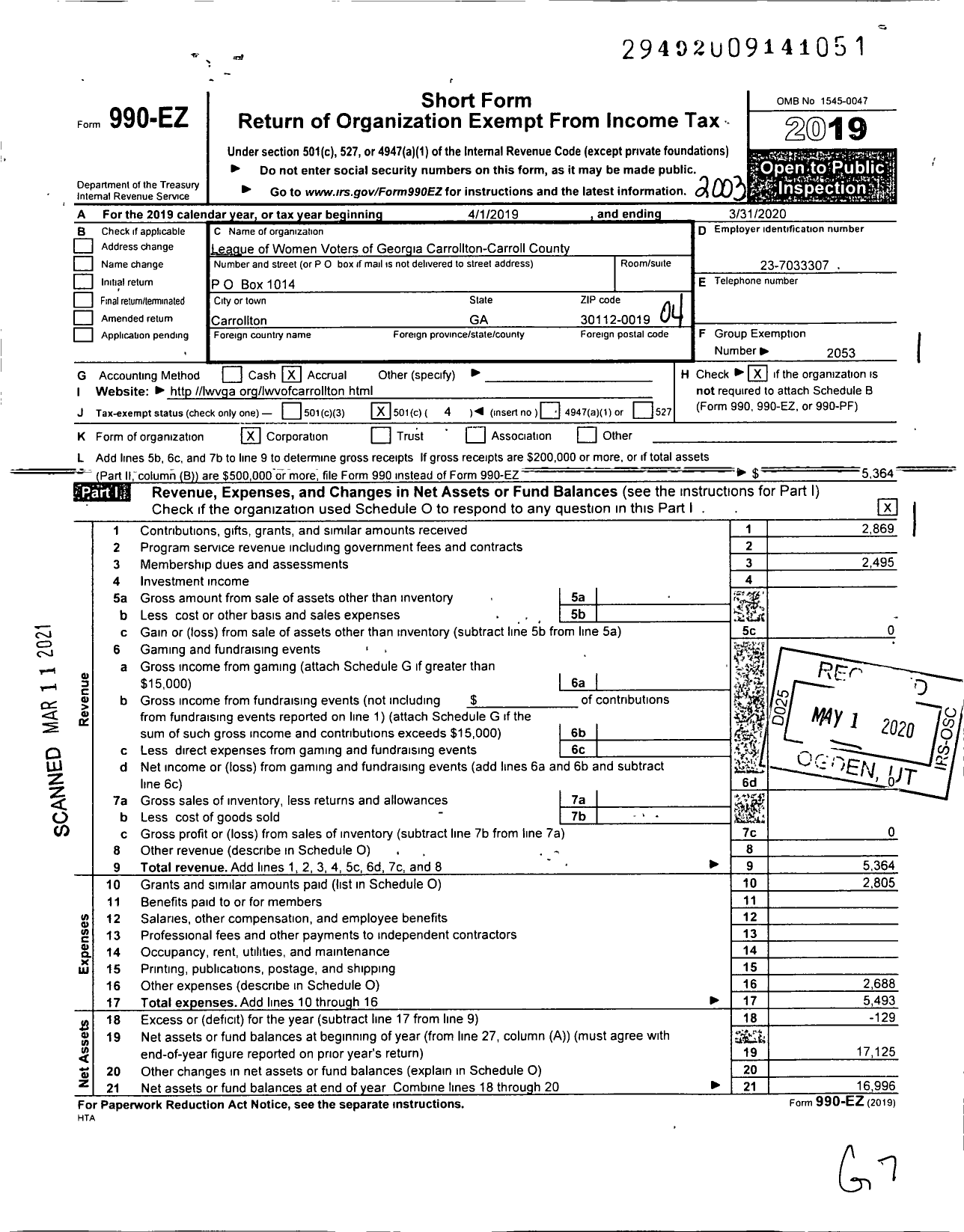 Image of first page of 2019 Form 990EO for League of Women Voters Carrollton