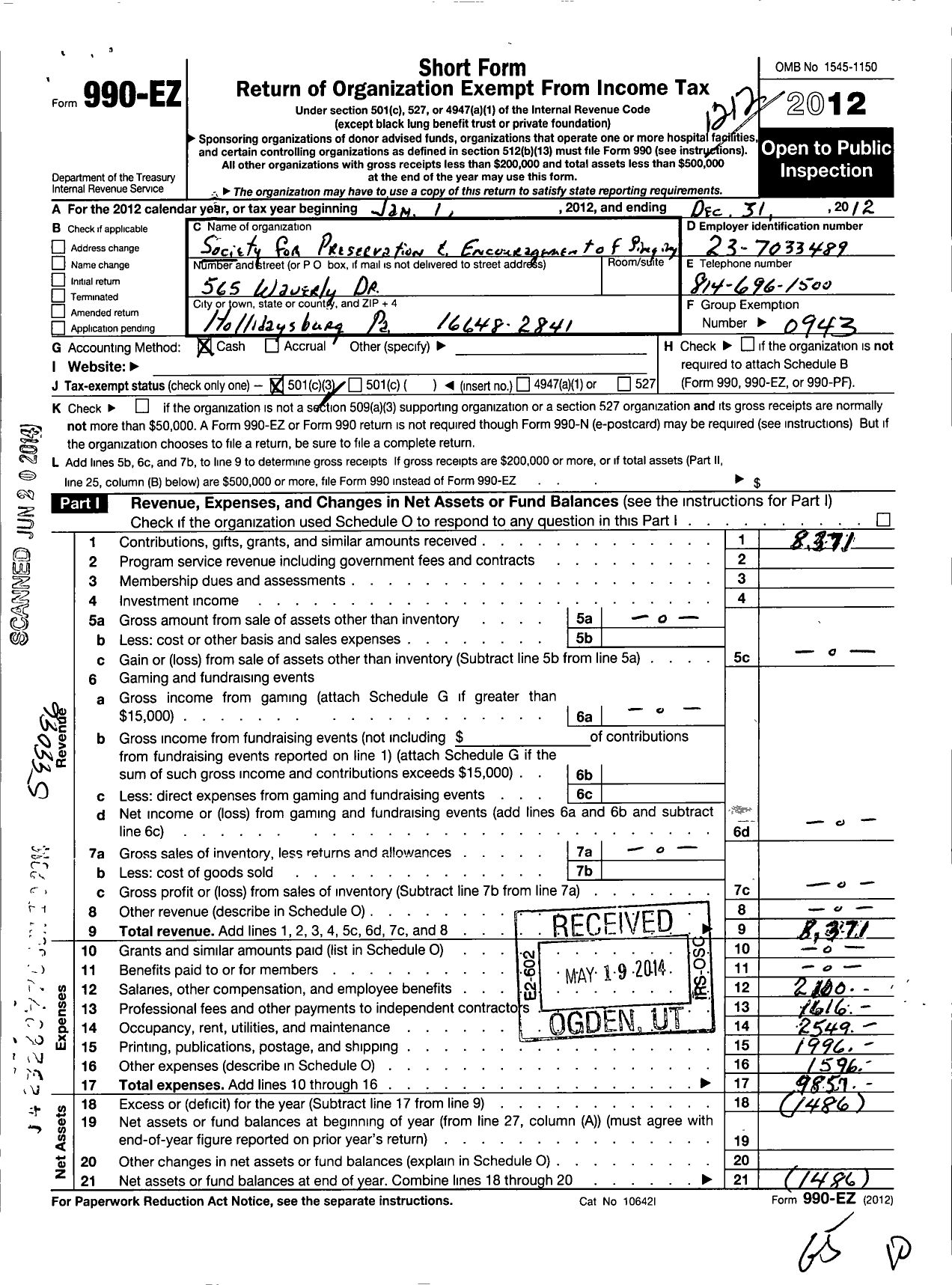 Image of first page of 2012 Form 990EZ for Barbershop Harmony Society - J032 Altoona