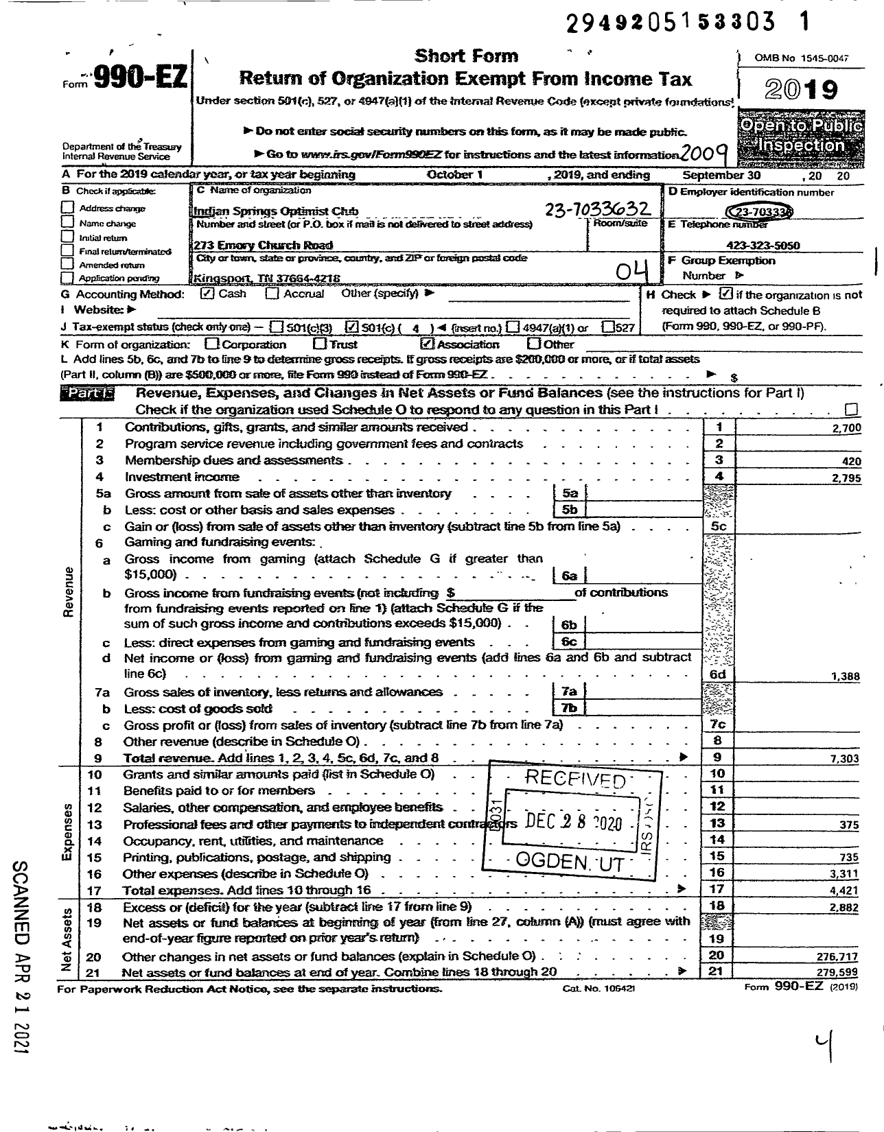 Image of first page of 2019 Form 990EO for Optimist International - 11115 Oc of Indian Springs TN