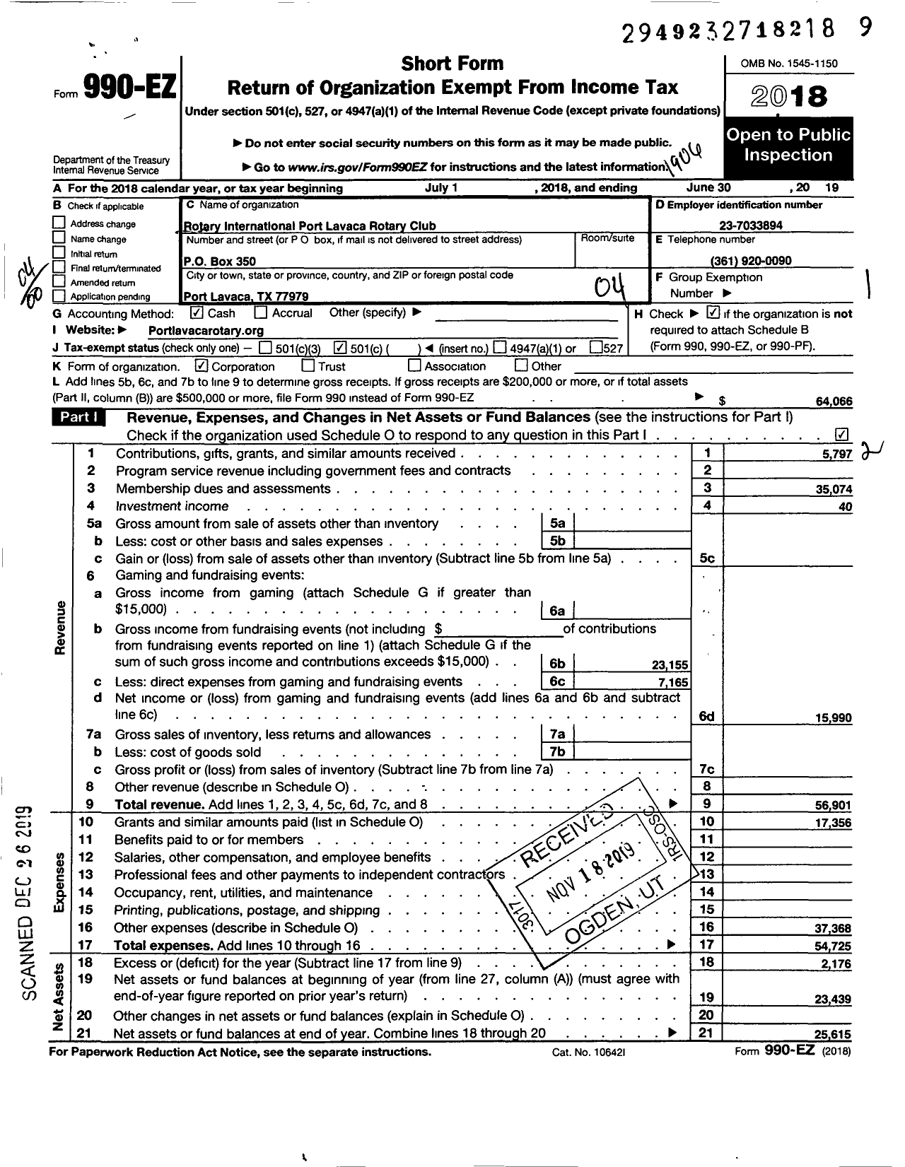 Image of first page of 2018 Form 990EO for Rotary International - Port Lavaca