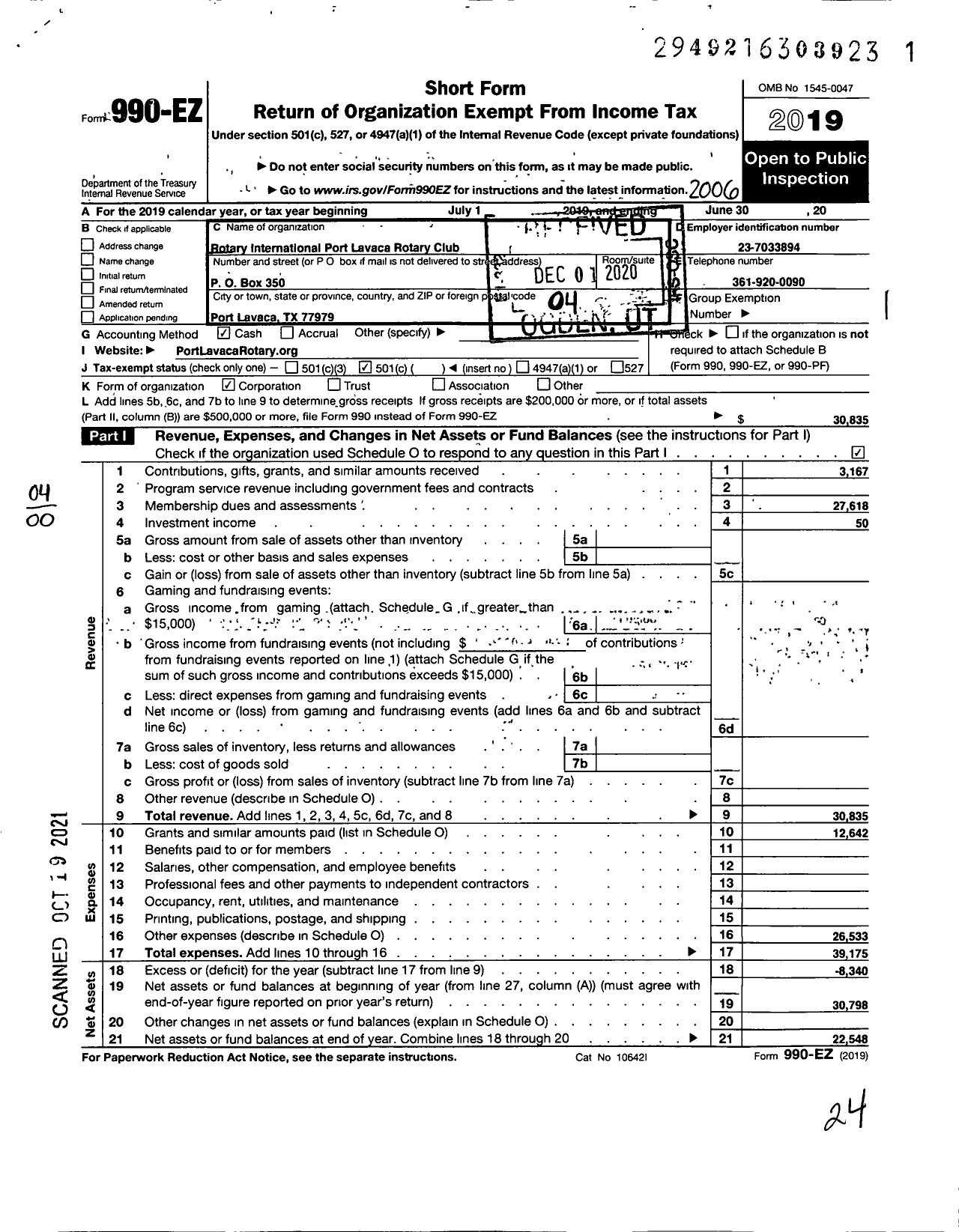 Image of first page of 2019 Form 990EO for Rotary International - Port Lavaca