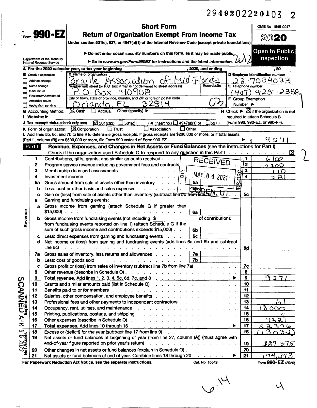 Image of first page of 2020 Form 990EZ for Braille Association of Mid-Florida