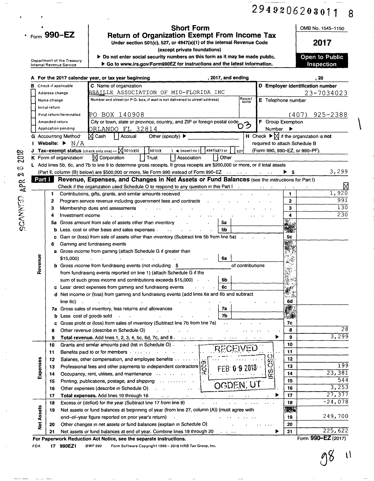 Image of first page of 2017 Form 990EZ for Braille Association of Mid-Florida