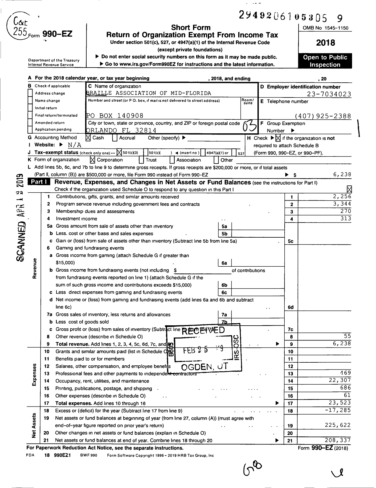 Image of first page of 2018 Form 990EZ for Braille Association of Mid-Florida