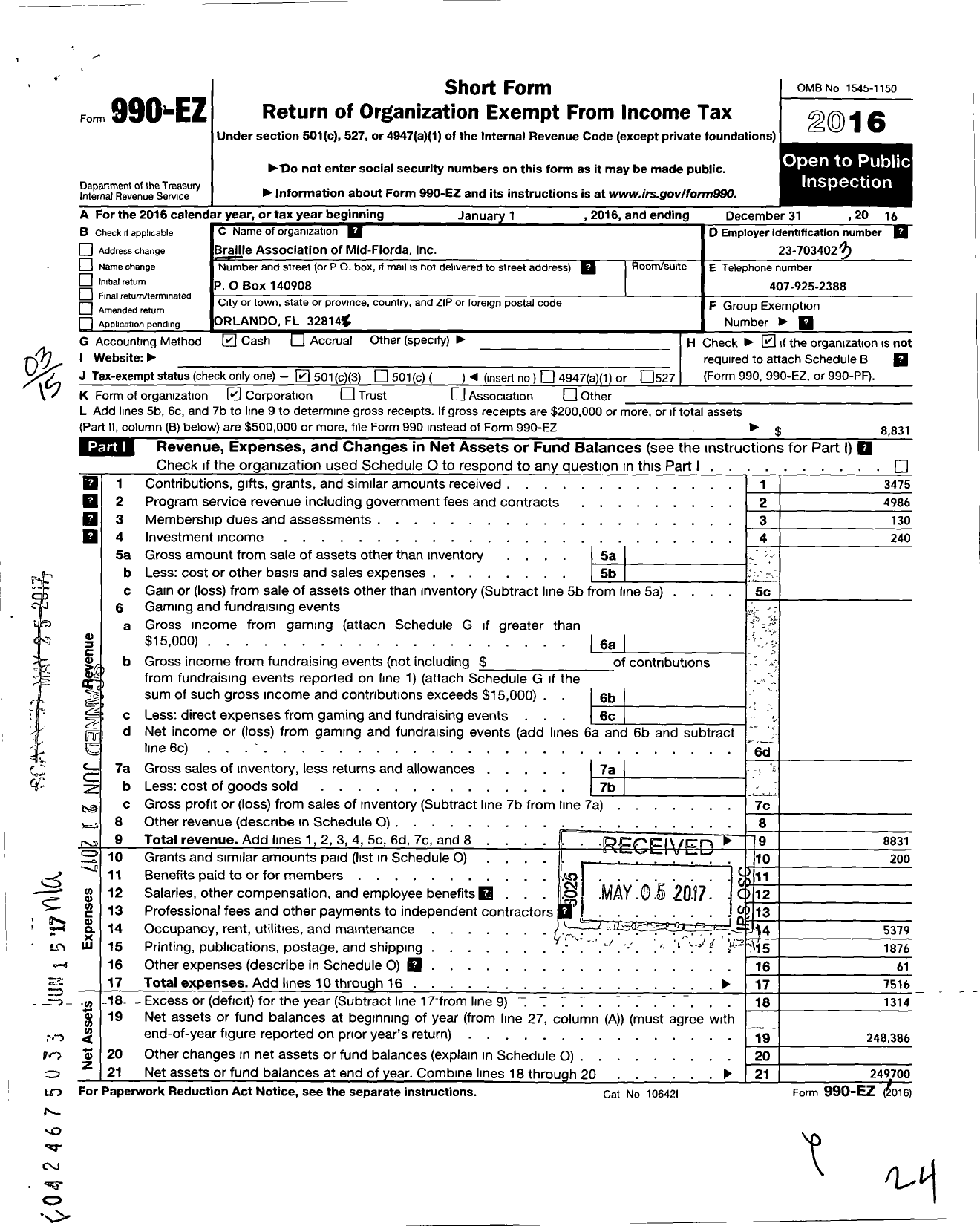 Image of first page of 2016 Form 990EZ for Braille Association of Mid Florida