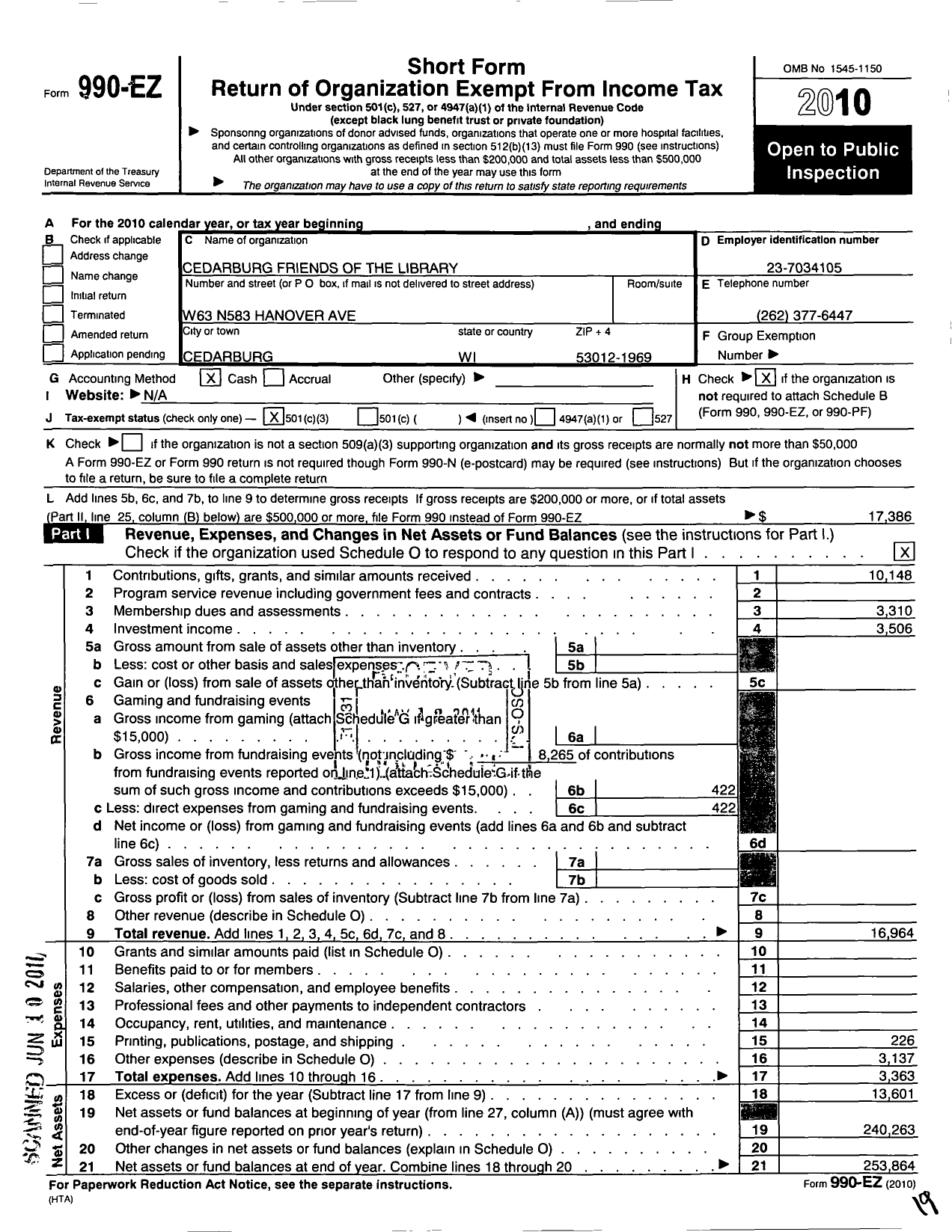 Image of first page of 2010 Form 990EZ for Cedarburg Friends of the Library