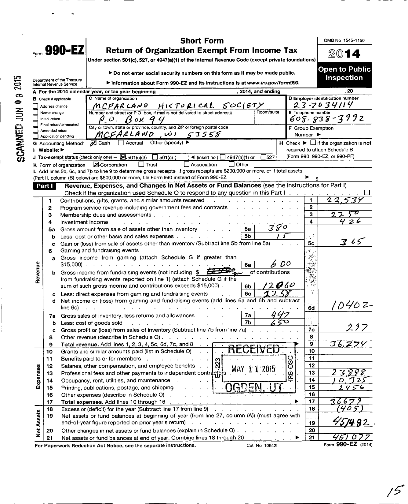 Image of first page of 2014 Form 990EZ for Mcfarland Historical Society