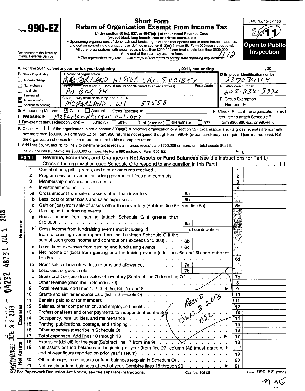 Image of first page of 2011 Form 990EO for Mcfarland Historical Society