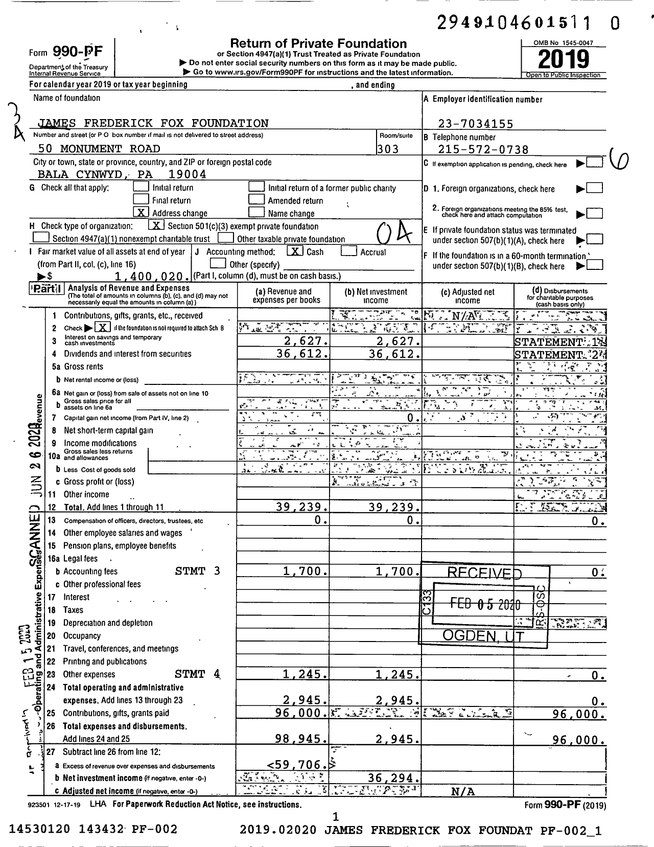 Image of first page of 2019 Form 990PR for James Frederick Fox Foundation