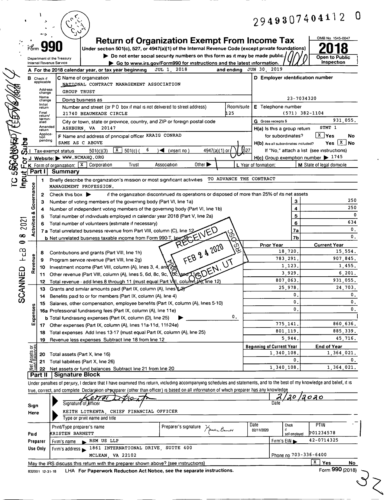 Image of first page of 2018 Form 990O for National Contract Management Association Group Trust