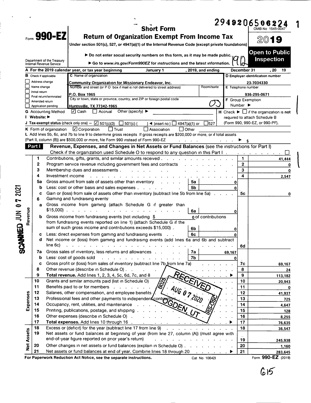 Image of first page of 2019 Form 990EZ for Community Organization for Missionary Endeavor