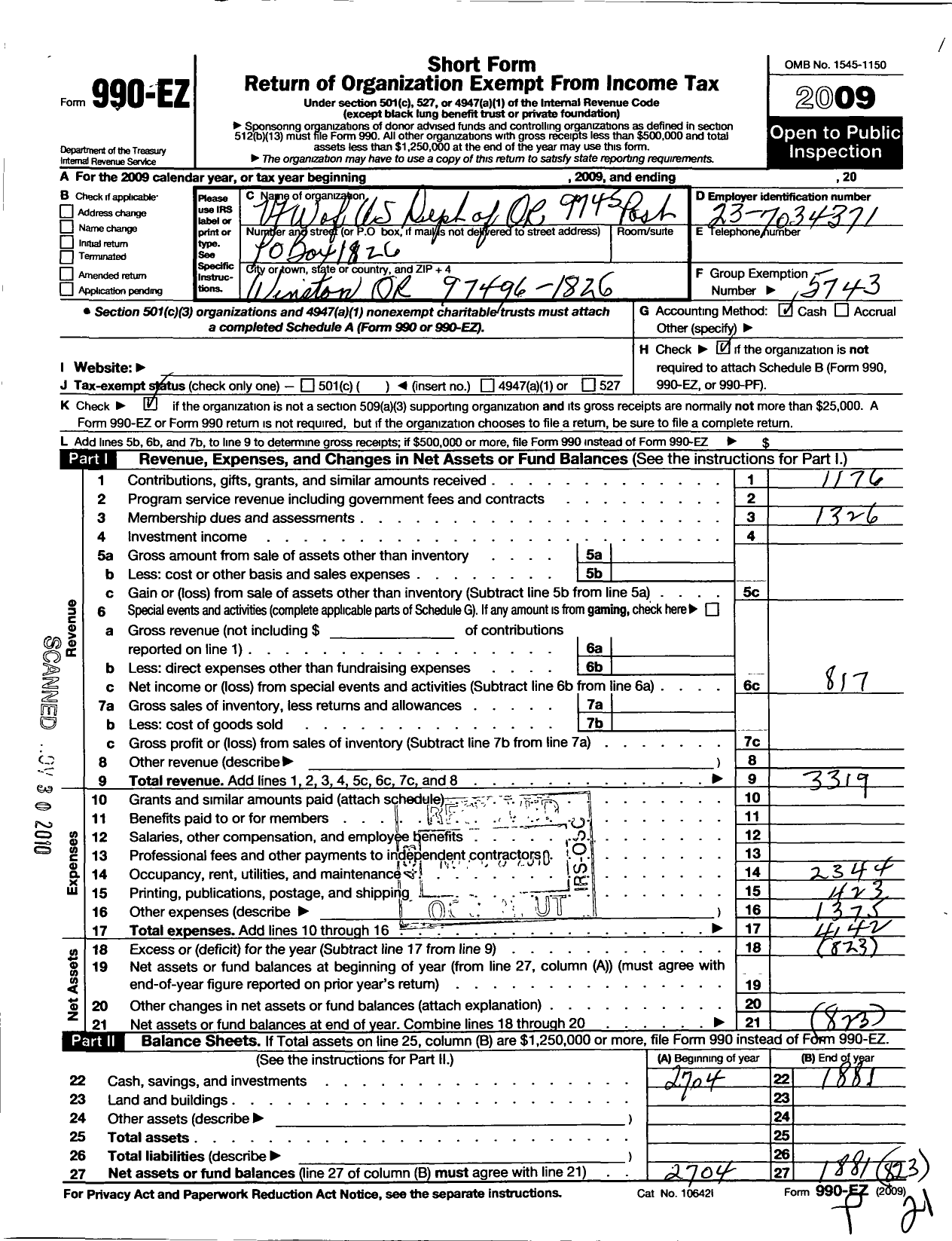 Image of first page of 2009 Form 990EO for Veterans of Foreign Wars of the United Staes Dept of Oregon - 9745 Amos R Osborne Post