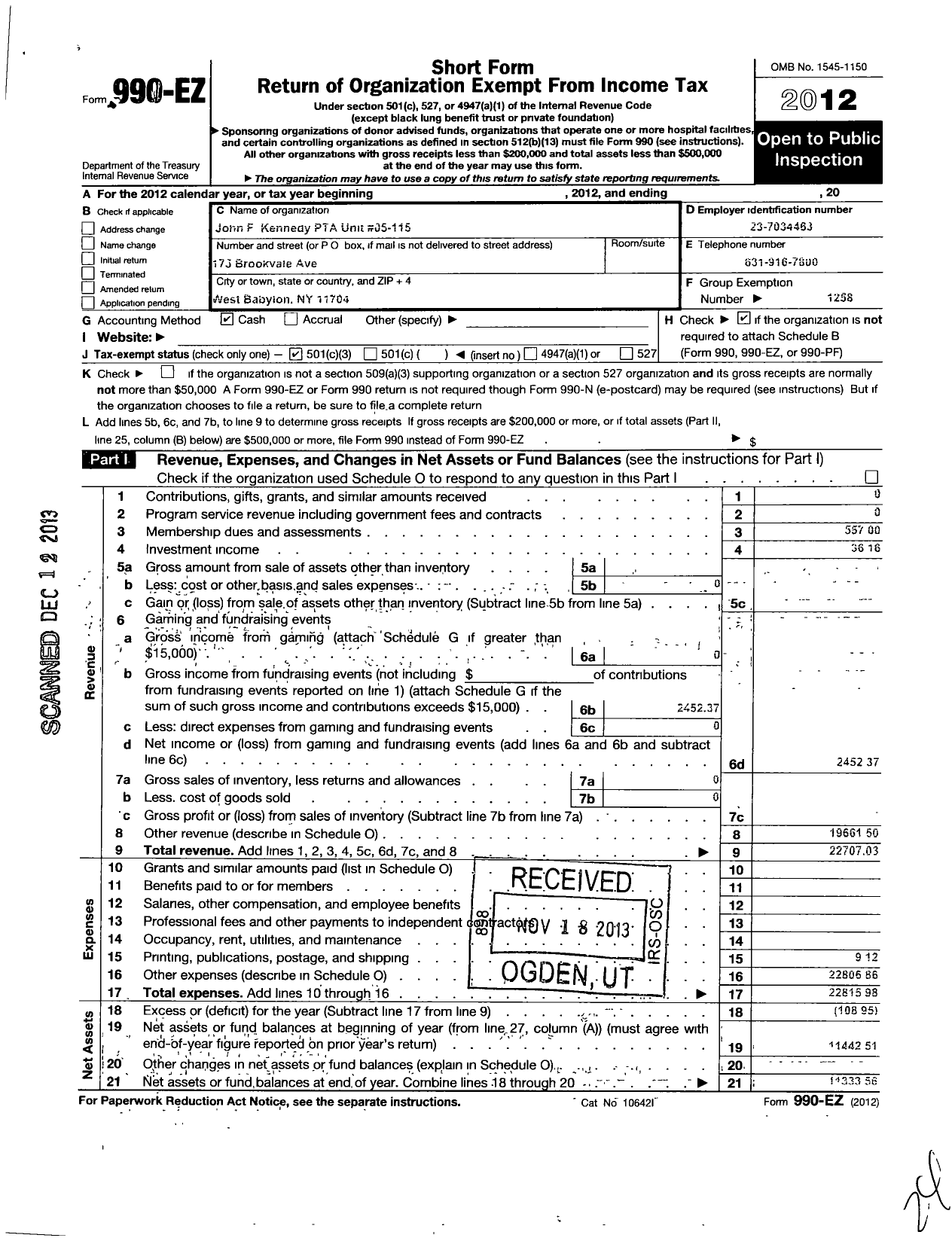 Image of first page of 2012 Form 990EZ for New York State PTA - 05-155 John F Kennedy Elem SCHL PTA