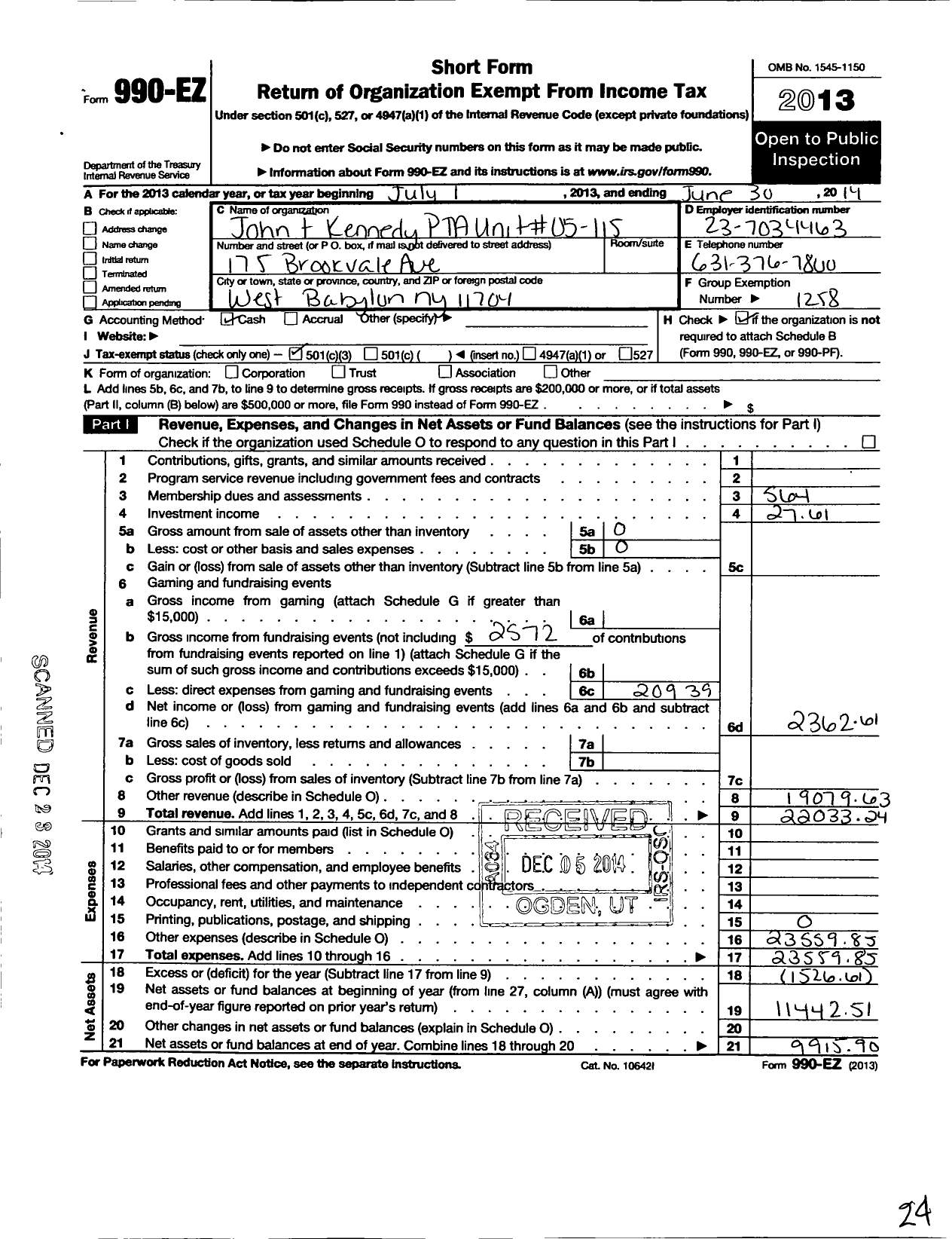 Image of first page of 2013 Form 990EZ for New York State PTA - 05-155 John F Kennedy Elem SCHL PTA