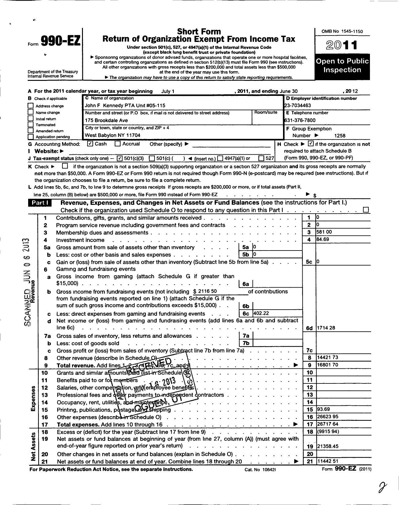 Image of first page of 2011 Form 990EZ for New York State PTA - 05-155 John F Kennedy Elem SCHL PTA