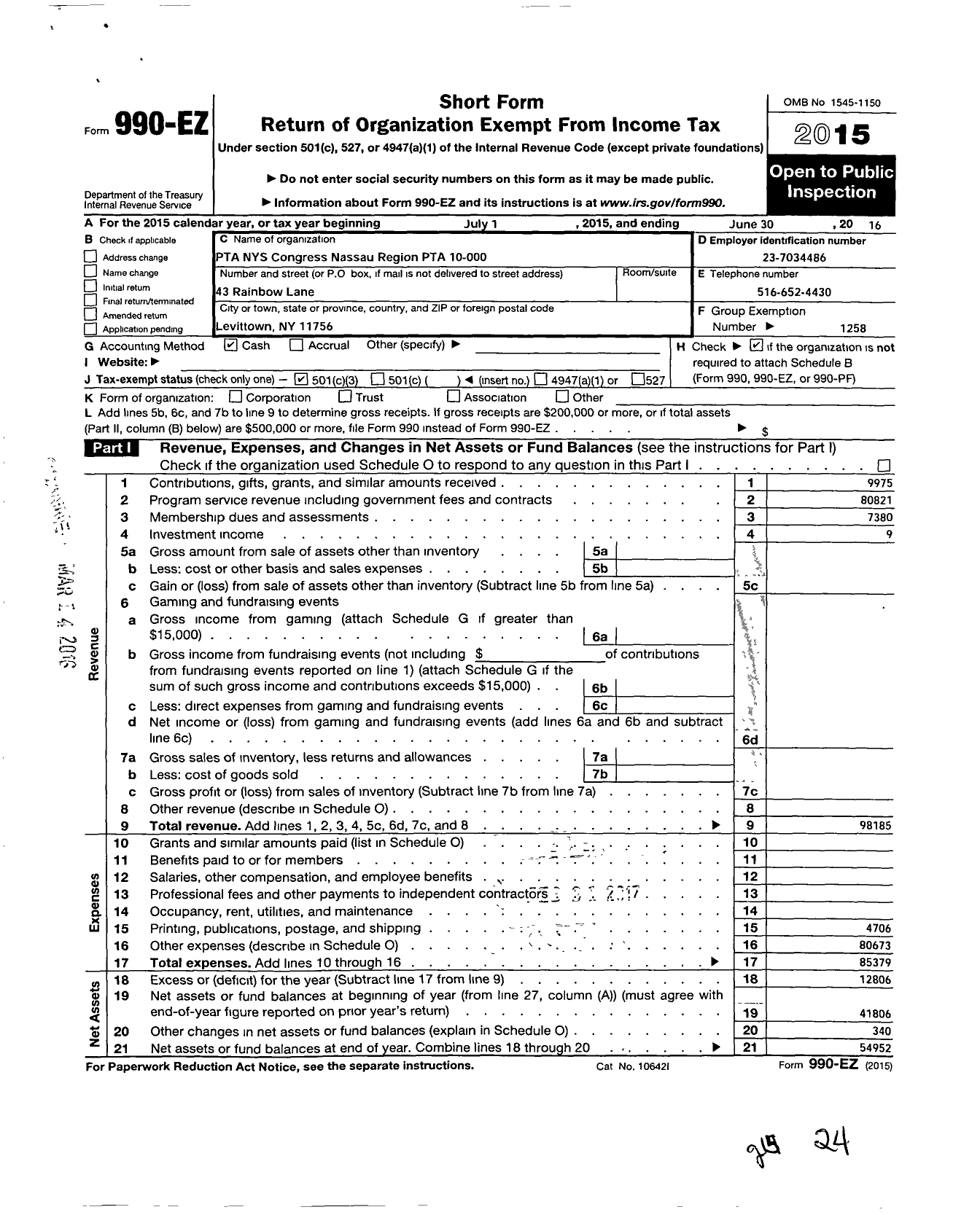 Image of first page of 2015 Form 990EZ for New York State PTA - 10-000 Nassau Region