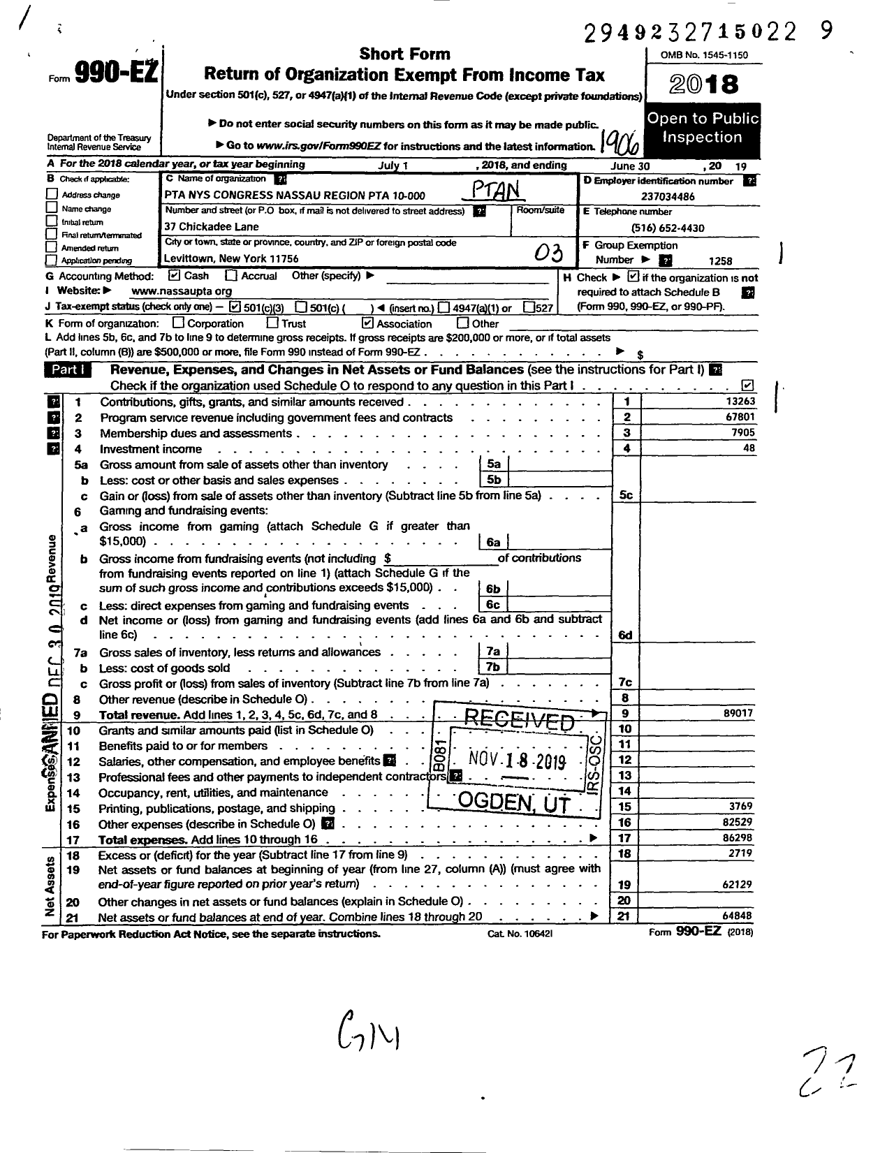 Image of first page of 2018 Form 990EZ for New York State PTA - 10-000 Nassau Region