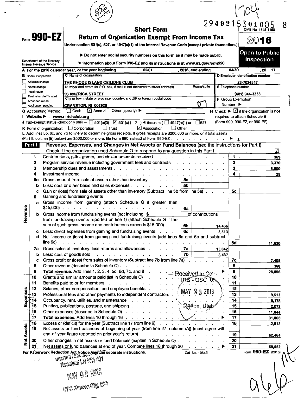 Image of first page of 2016 Form 990EO for The Rhode Island Ceilidhe Club