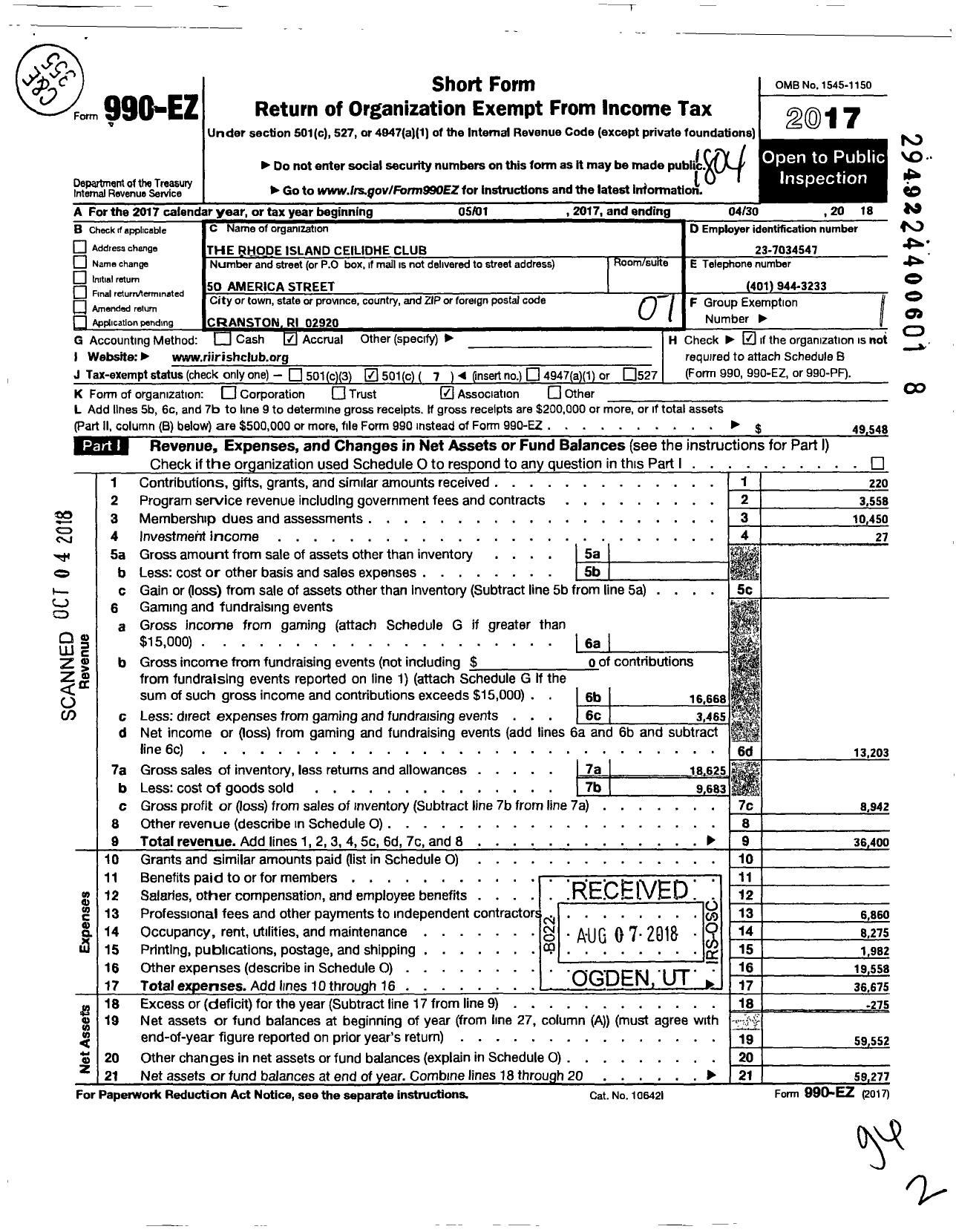 Image of first page of 2017 Form 990EO for The Rhode Island Ceilidhe Club