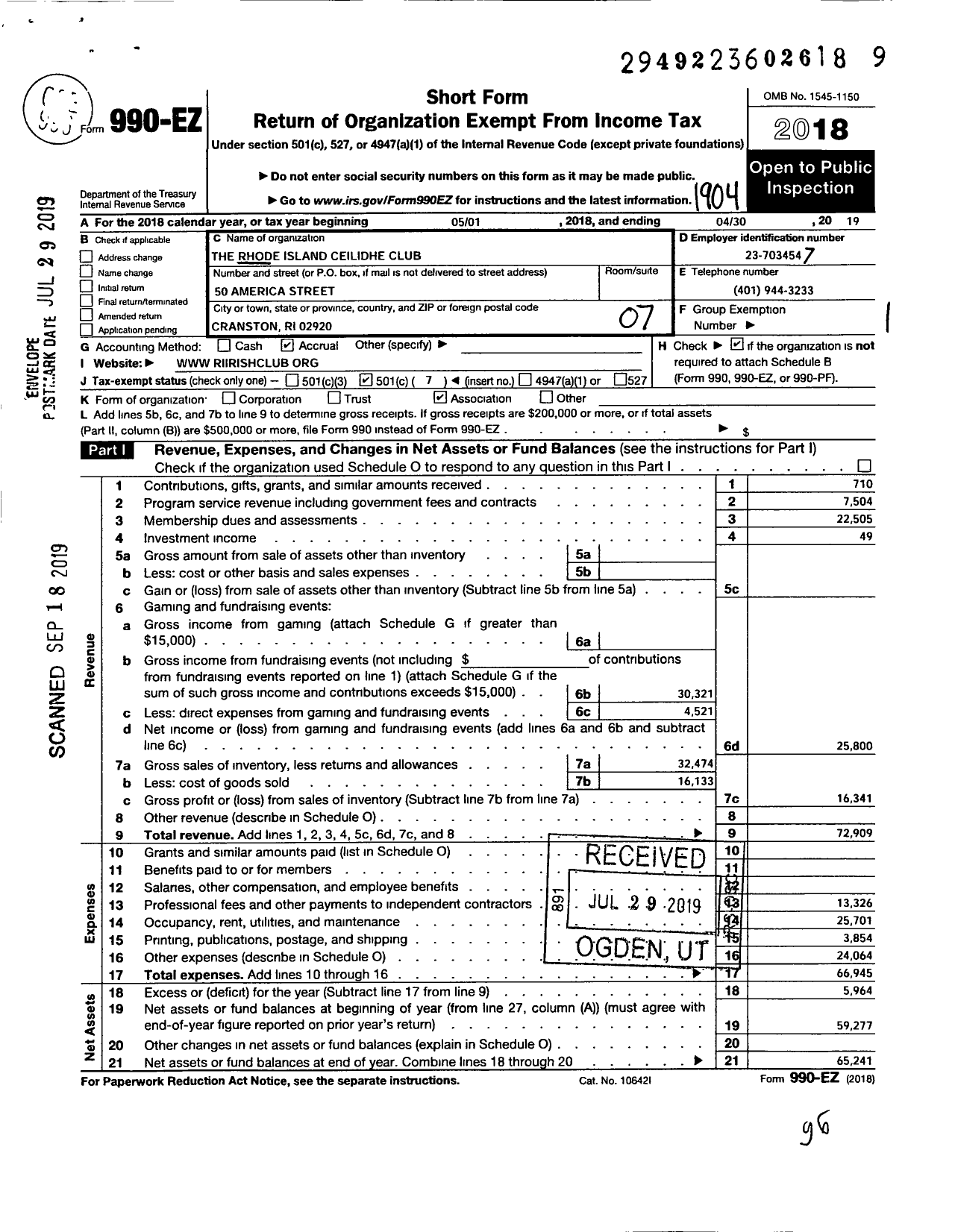 Image of first page of 2018 Form 990EO for The Rhode Island Ceilidhe Club