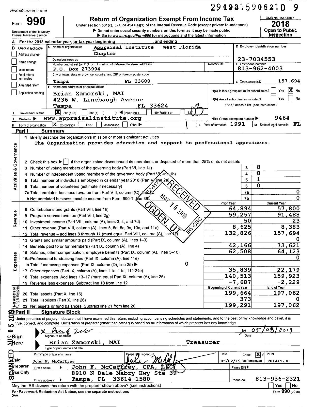 Image of first page of 2018 Form 990 for Florida Gulf Coast of the Appraisal Institute