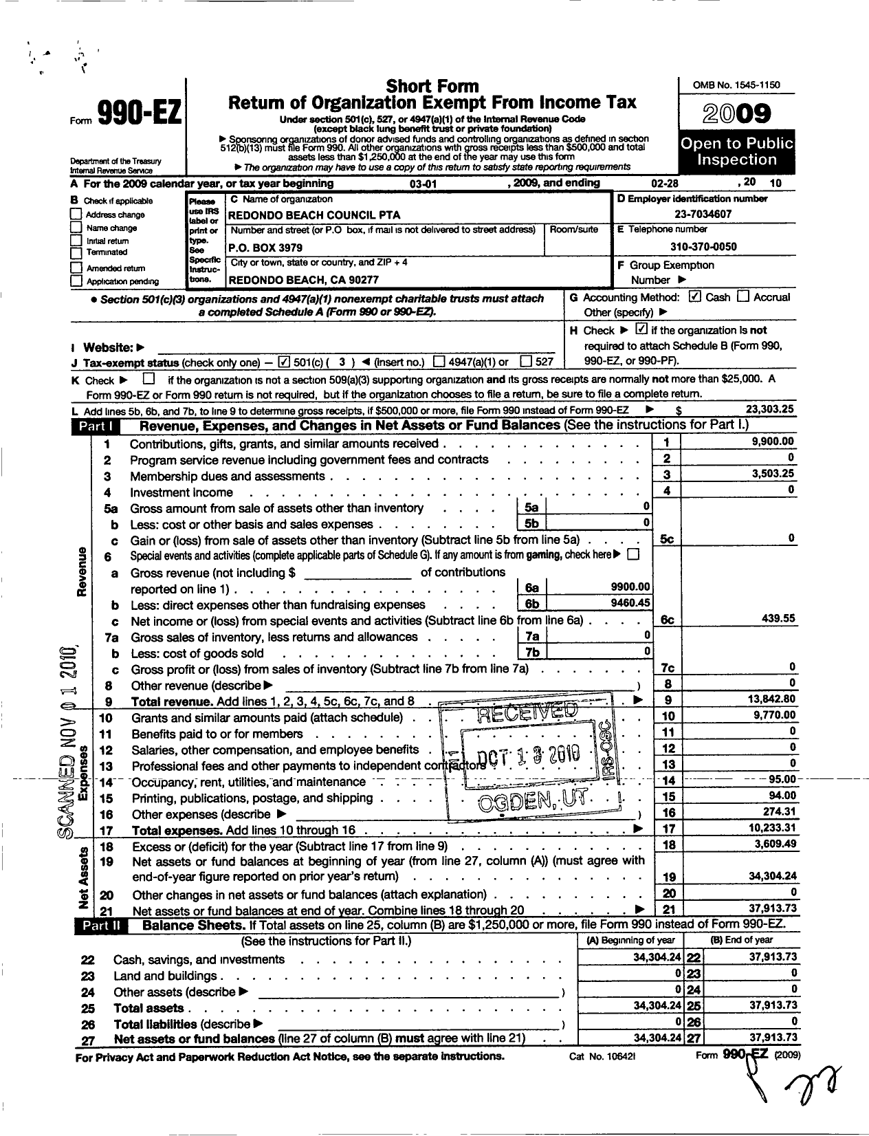 Image of first page of 2009 Form 990EZ for California State PTA - Redondo Beach Council of Ptas