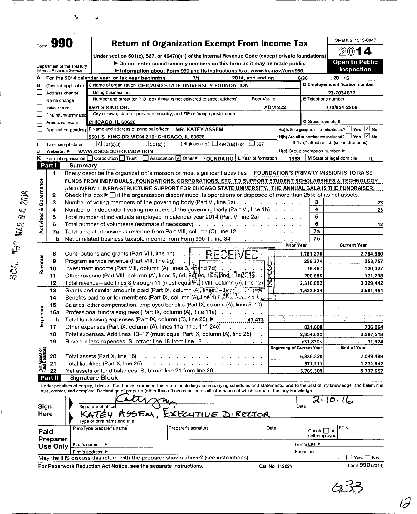 Image of first page of 2014 Form 990 for Chicago State University Foundation