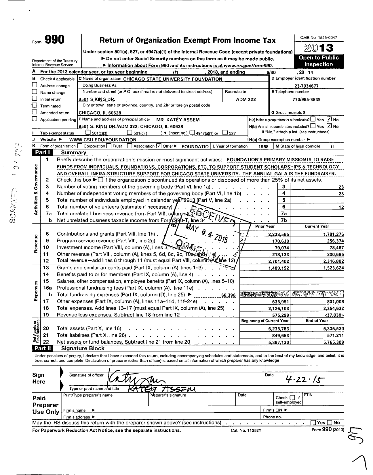 Image of first page of 2013 Form 990O for Chicago State University Foundation