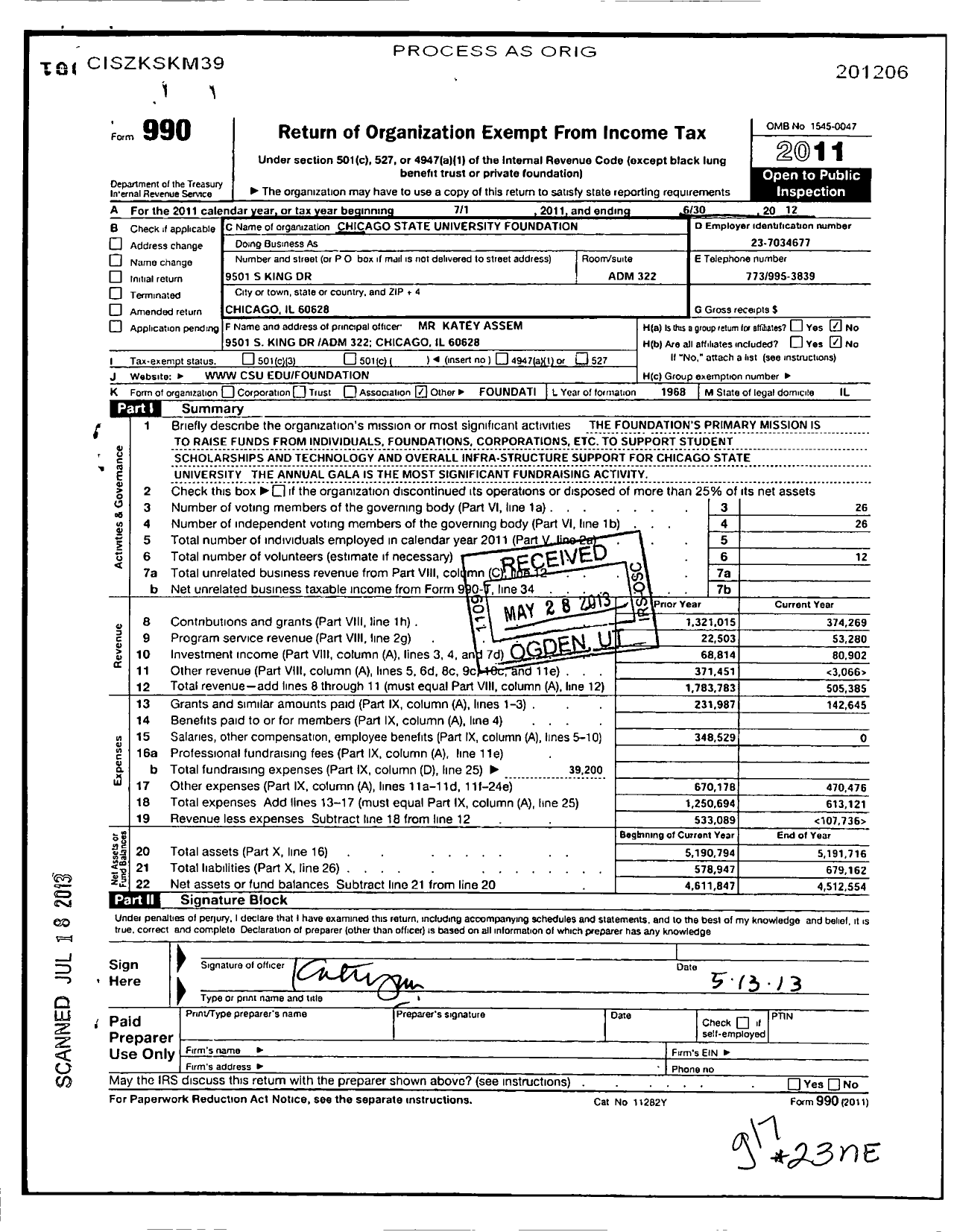 Image of first page of 2011 Form 990O for Chicago State University Foundation