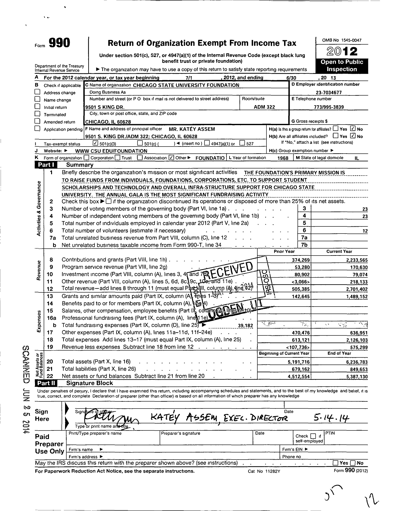 Image of first page of 2012 Form 990 for Chicago State University Foundation