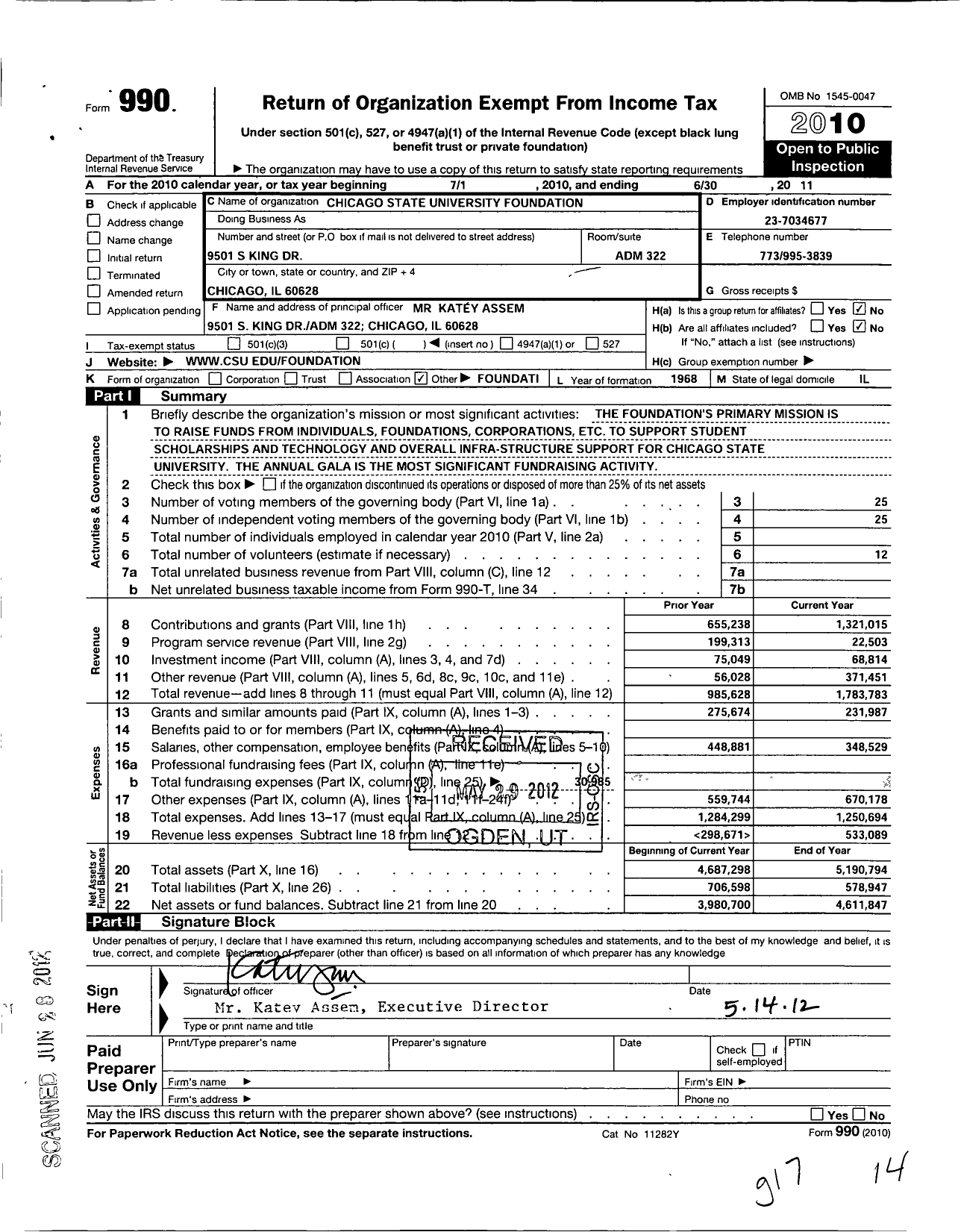 Image of first page of 2010 Form 990O for Chicago State University Foundation