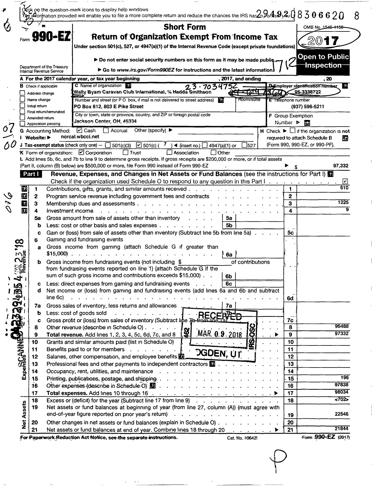 Image of first page of 2017 Form 990EO for Wally Byam Caravan Club International - 050 Louisiana Airstream Club