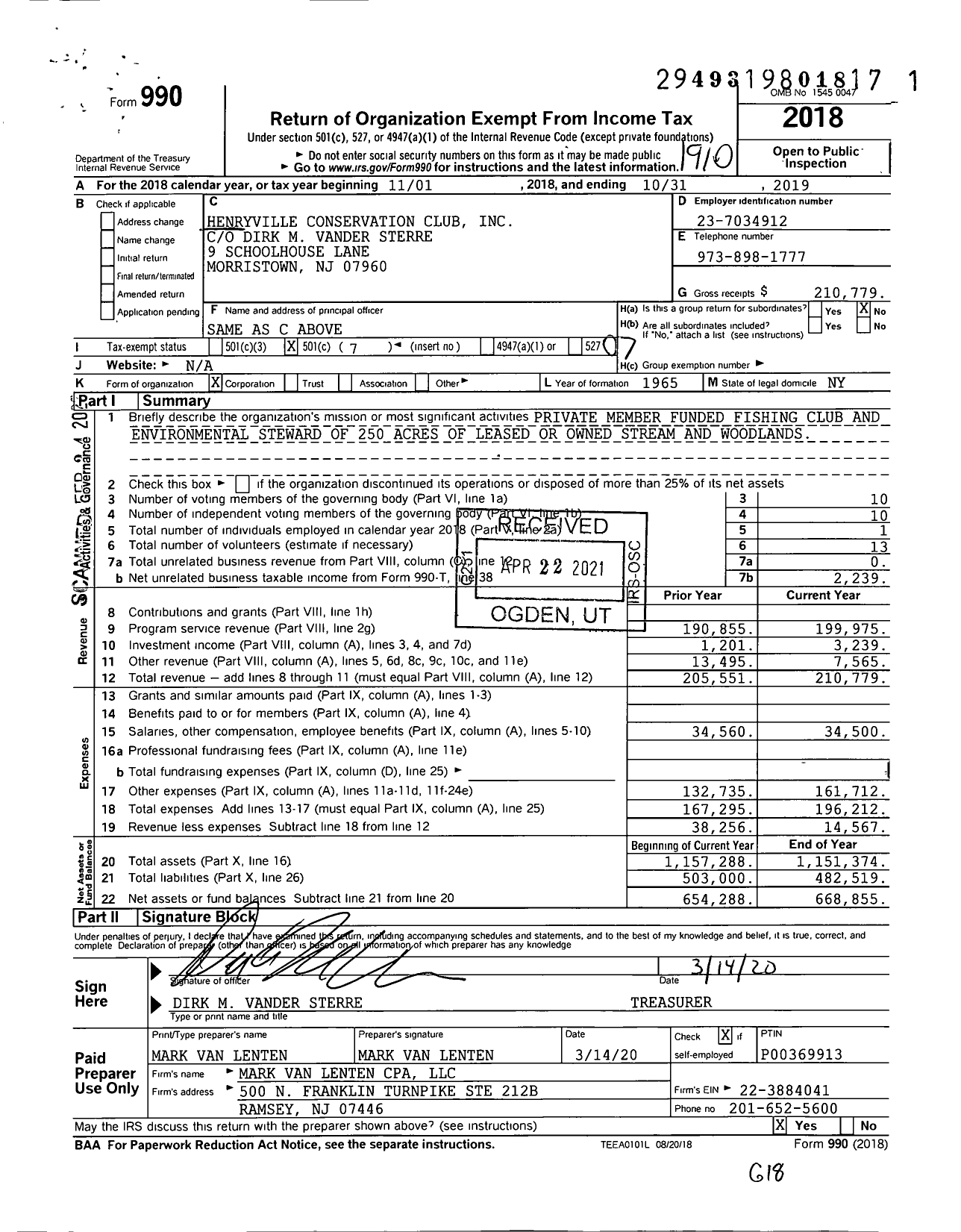 Image of first page of 2018 Form 990O for Henryville Conservation Club